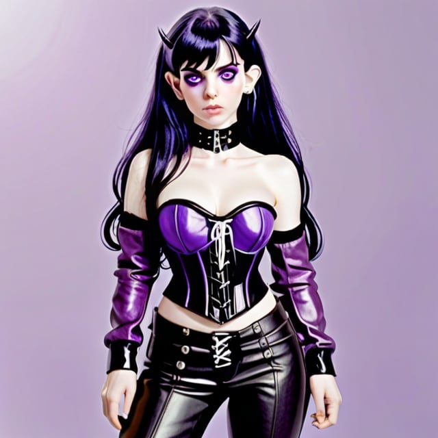 young succubus, pale fair skinned, long black hair, purple eyes, corset top, leather pants, small point to her ear 