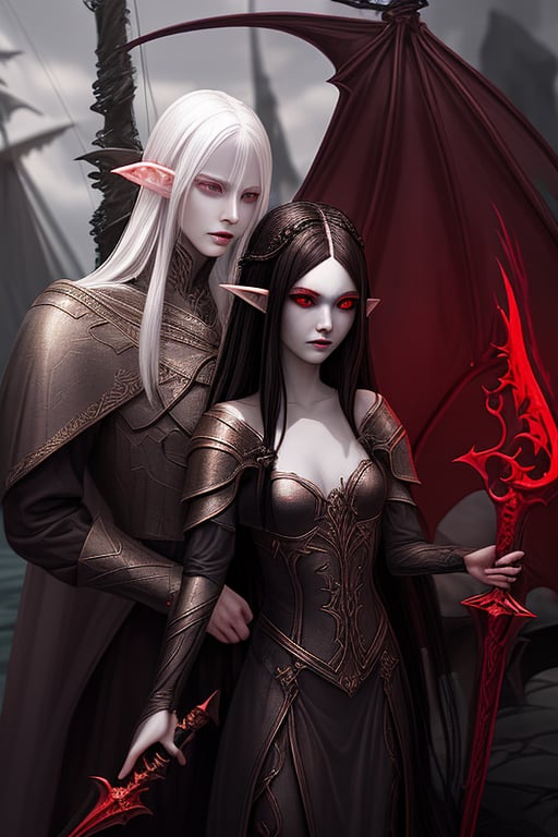  a young elven queen who has black hair and red eyes with a slight vampire essence about her on a ship, sailing for the dragon island. 

an albino elven king is with her, holding a black demonic sword
. 