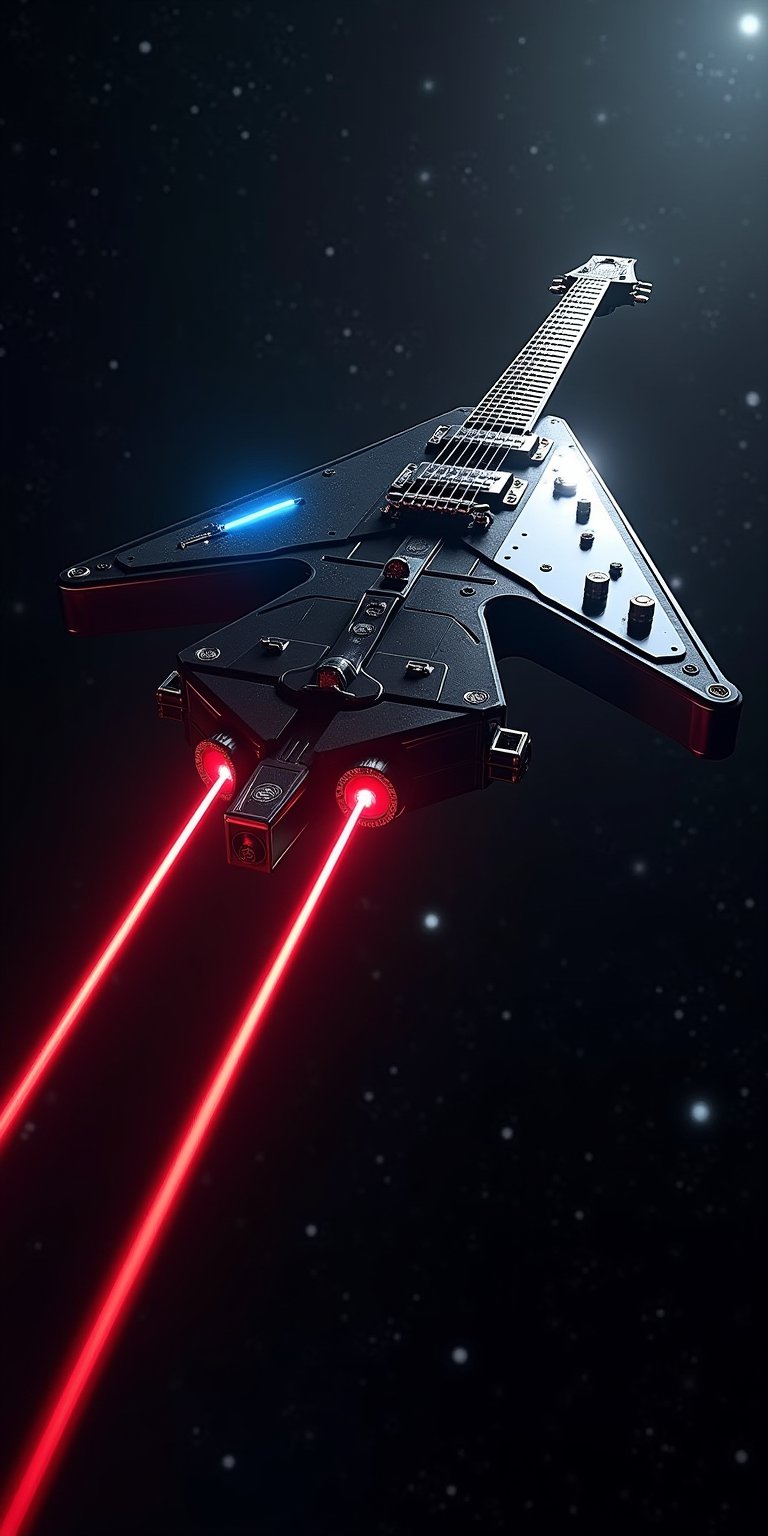 A colossal spaceship shaped like a Flying V electric guitar, rocketing through space at near-light speed, The ship's body gleams with polished chrome and black metal. Red-hot energy pulses along the fretboard, resembling laser strings,The headstock houses the bridge, massive warp drive engines glowing intense blue