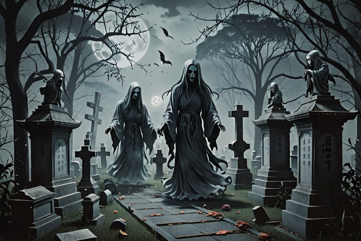 ((ghostly figures lurking in a cemetery)),Chinese Horror Scene,ghost person