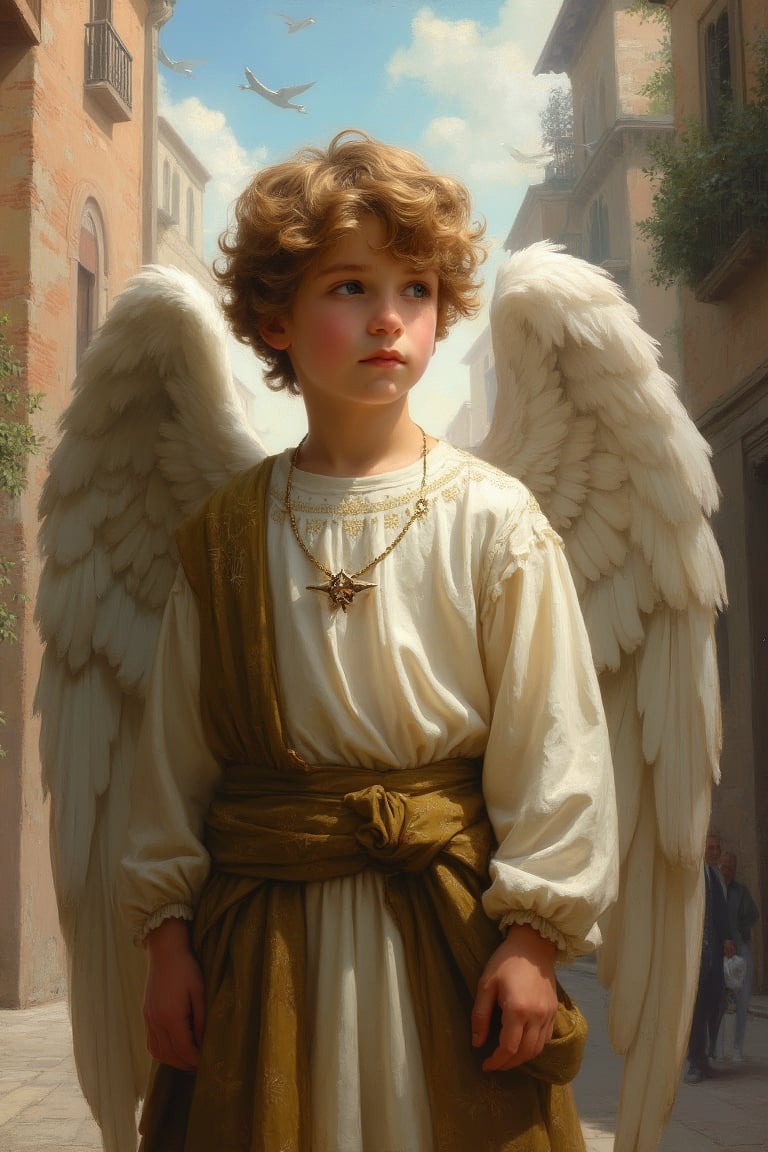 Renaissance painting of a handsome 14-year-old boy with angel wings and clothes impressed by the modern city