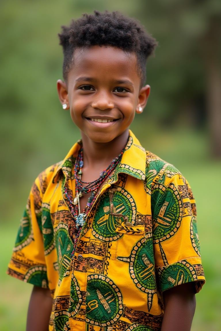 A handsome 14 year old Brazilian boy, he is wearing clothes that refer to Tanzanian culture, photo