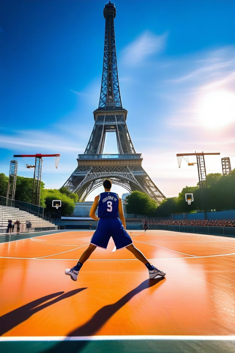 A dynamic shot captures the youthful athlete's agility, with his basketball uniform in the stadium with the iconic Eiffel Tower rising majestically in the distance, its iron latticework glinting like diamonds. The packed stands pulse with energy, cheers and chants erupting as the crowd eagerly anticipates the next thrilling play, the blue sky above a perfect complement to the electric atmosphere.