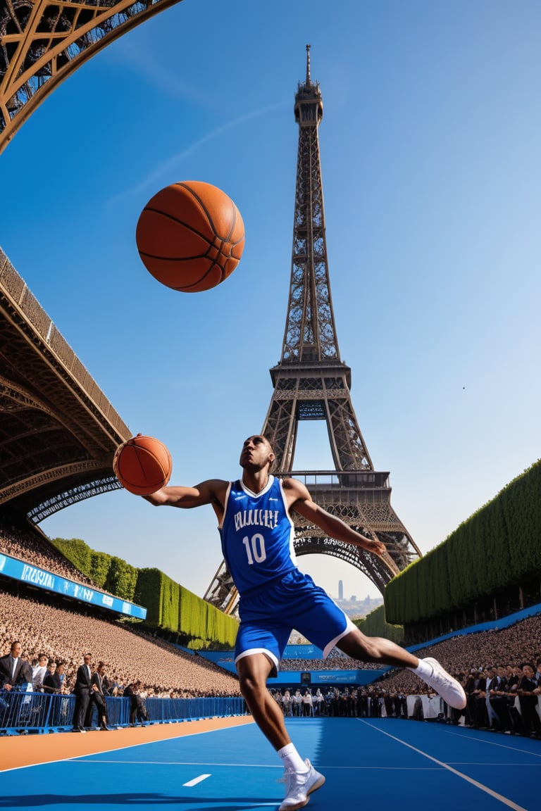 A dynamic shot captures the youthful athlete's agility, with his basketball uniform in the stadium with the iconic Eiffel Tower rising majestically in the distance, its iron latticework glinting like diamonds. The packed stands pulse with energy, cheers and chants erupting as the crowd eagerly anticipates the next thrilling play, the blue sky above a perfect complement to the electric atmosphere.