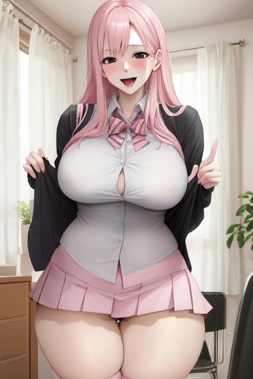 A mature woman, with a funny expression on her face, has fair skin, pale pink hair, long and straight hair, black eyes, large breasts, wide hips, thick thighs, the woman is dressed in a revealing schoolgirl uniform, scenario: the woman was dressed as a schoolgirl, she is lifting her short skirt, thus showing her underwear, background: a simply but comfortably furnished room