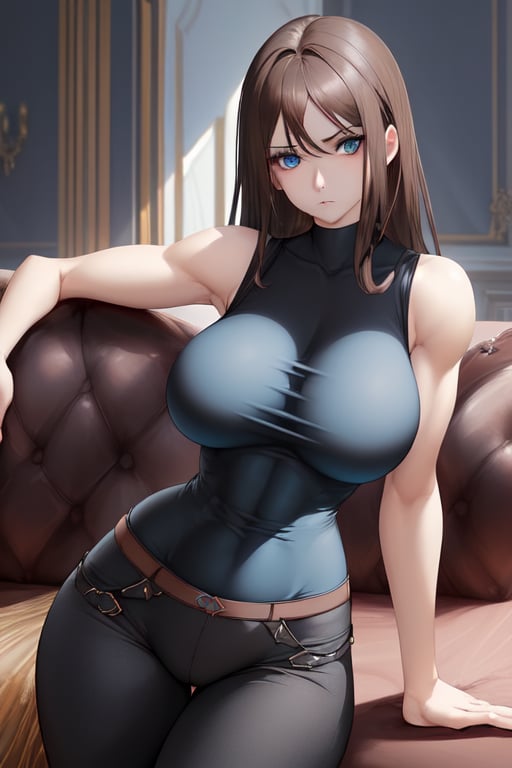 Woman, being, cold gaze, dark brown hair, very light and crystalline blue eyes, somewhat muscular, large breasts, wide hips, dressed in a short sleeveless flannel, tight black pants, background: a living room, of an elegant house