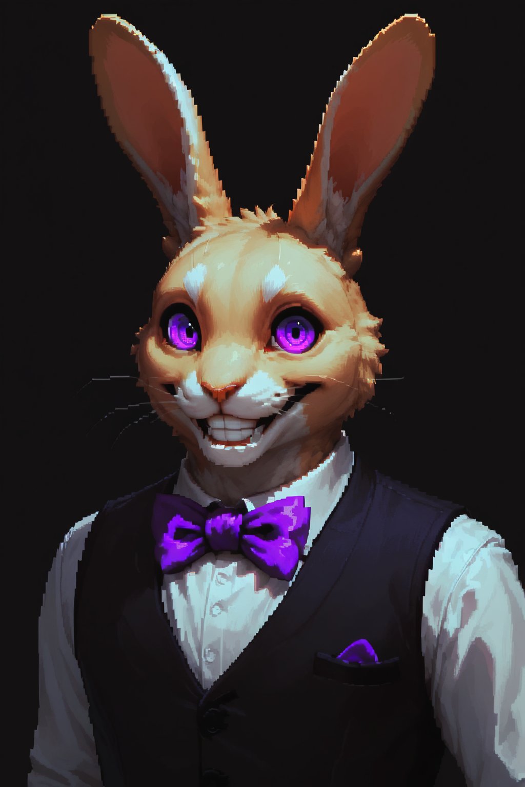 Score_9, score_8_up, score_7_up,Expressiveh,concept art,dark theme,Extremely Realistic, realistic, masterpiece, 16k, solo, looking at viewer, smile, simple background, tan fur, bow, animal ears, purple eyes, upper body, male focus, teeth, bowtie,, rabbit ears, grin, vest, no humans, black background, furry, purple bow, rabbit, purple bowtie, whiskers, horror \(theme\),(((Pixel_Art)))