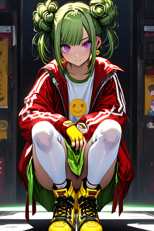 (masterpiece), (best quality), (ultra-details) against a dark background, in the style of an anime illustration. looking at viewer
BREAK
1girl, 18 years old, green hair, twin bun hairstyle, red leather jacket, white logo t-shirt , green skirt, white knee highs, red leather ankle boots, yellow fingerless gloves, earrings, smiley face emoji earrings, BREAK