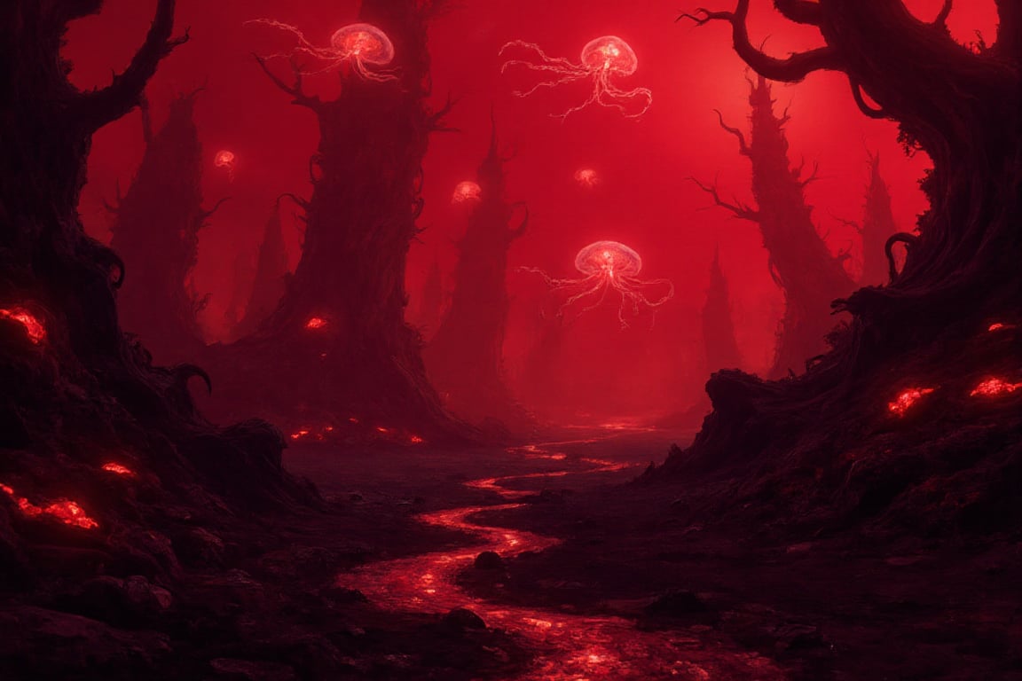 A desolate, crimson-hued alien terrain stretches out before us, illuminated by an eerie bioluminescent glow emanating from twisted, ethereal flora. Amidst the eerie illumination, translucent jellyfish-like creatures drift lazily through the air, their delicate tendrils undulating like ghostly tentacles.