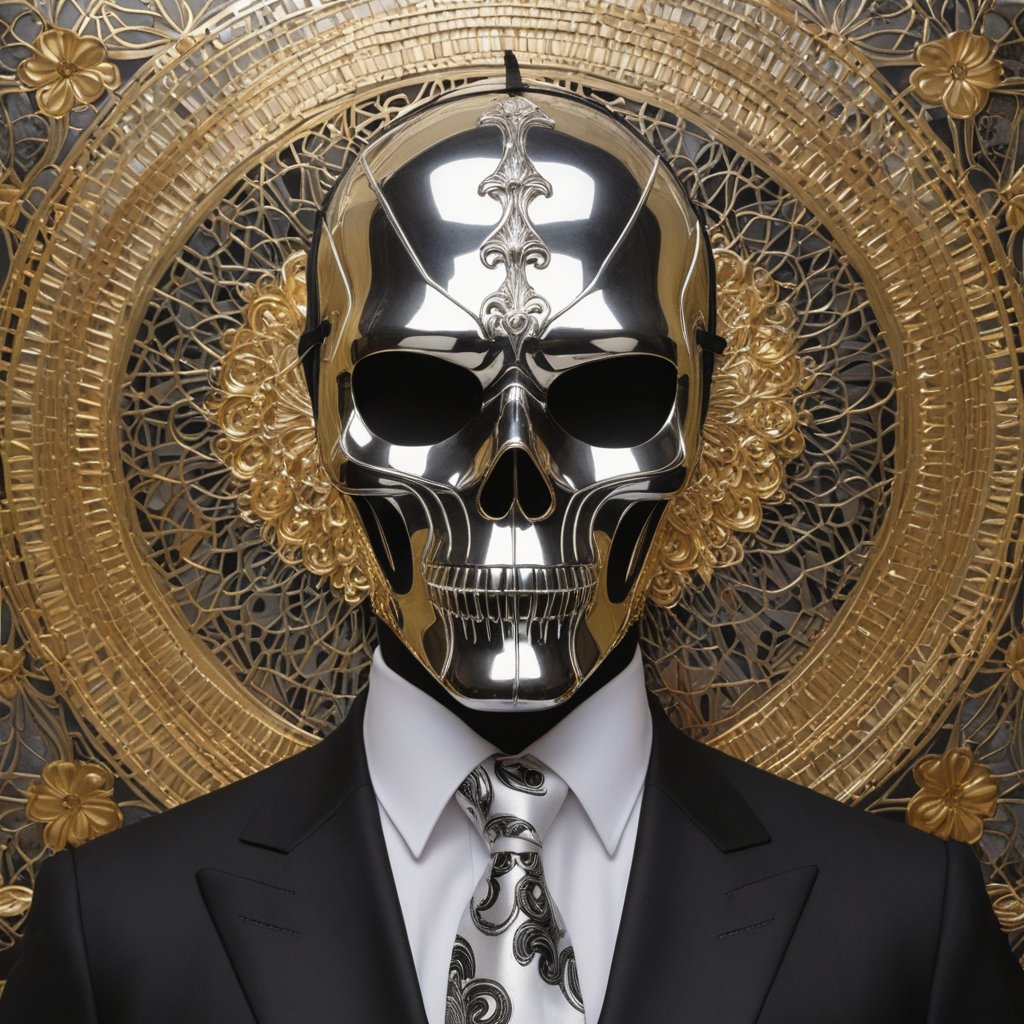 Score_9, score_8_up, score_7_up, ArtDecoXL, man in a black suit with a white neck tie wearing a silver metallic skull mask. 