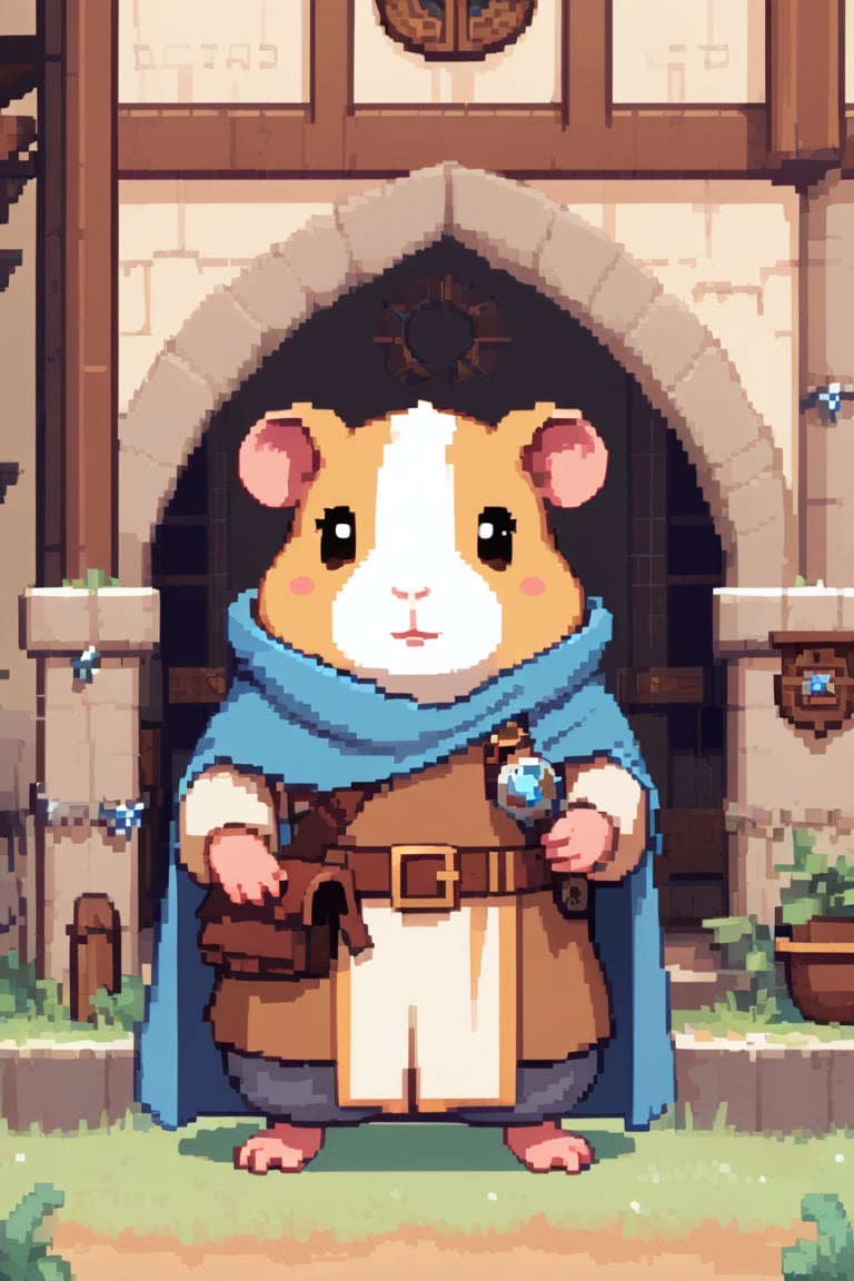 A anthropomorphic guinea pig wearing medieval style clothing standing in front of his medieval style home.,pixel art