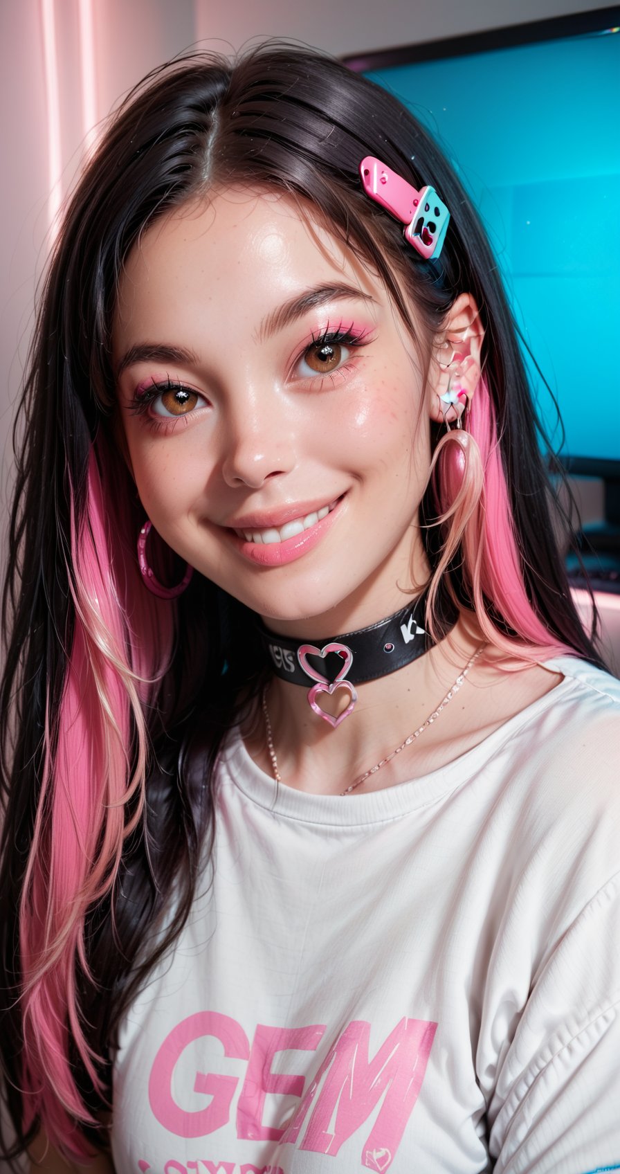 Score_9, score_8_up, score_7_up, 16k, gamer girl bedroom, streamer bedroom, neon light,, 1girl, solo, long hair, looking at viewer, smile, black hair, brown eyes, jewelry, pink hair, multicolored hair, choker, necklace, two-tone hair, lips, makeup, fishnets, portrait, realistic, nose