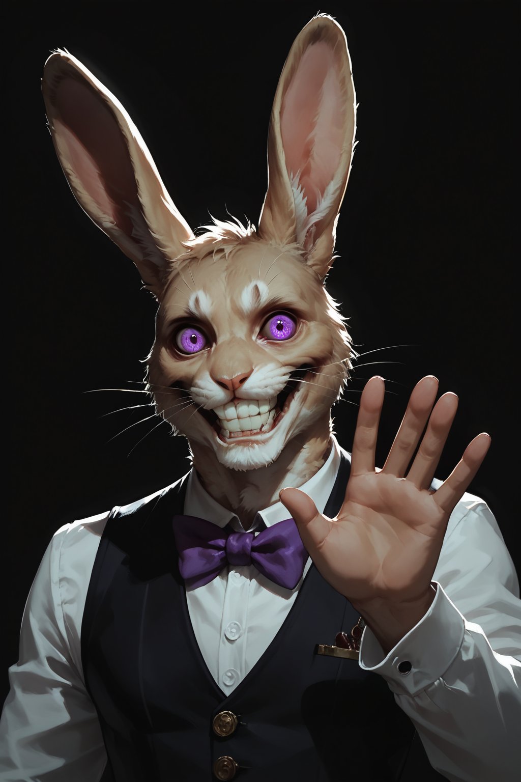 Score_9, score_8_up, score_7_up,Expressiveh,concept art,dark theme,Extremely Realistic, realistic, masterpiece, 16k, solo, looking at viewer, smile, simple background, animal ears, purple eyes, upper body, male focus, teeth, bowtie, rabbit ears, grin, vest, no humans, black background, tan fur, furry, purple bow, rabbit, purple bowtie, whiskers, waving at viewer, head tilted to the side, horror \(theme\)