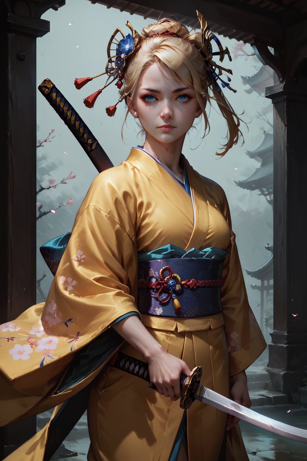 score_9, score_8_up, score_7_up, dark theme, concept art, Expressiveh, Extremely Realistic, 1girl, solo, blue eyes, blonde hair, hair ornament, weapon, japanese clothes, sword, kimono, katana, sheath, realistic, unsheathing, yellow kimono,