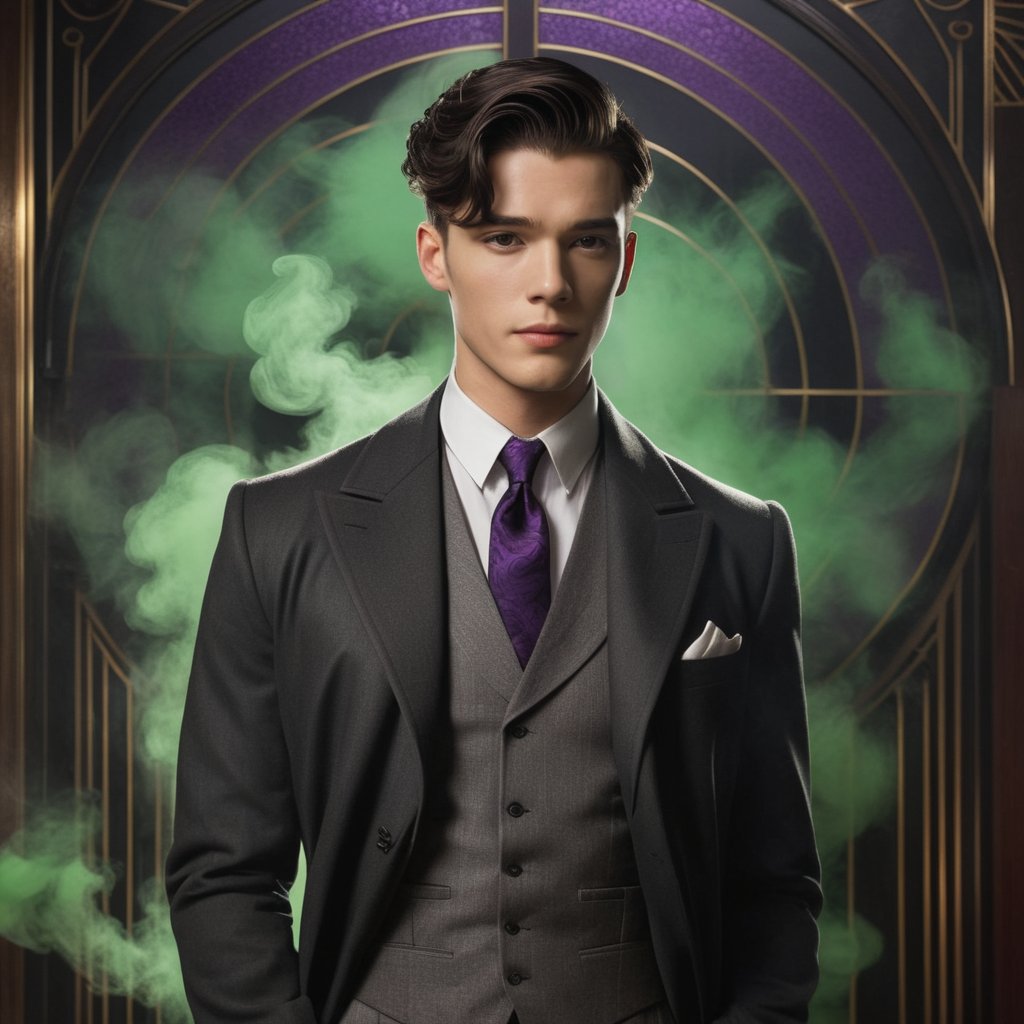 1man, 25 years old, dark hair, ((short hair)), side part with medium fade)), hazel eyes, grey trenchcoat, black suit vest, white shirt, black neck tie, black dress pants, five o’clock shadow, 
purple and green energy swirls through the scene like smoke,

standing in a 1920’s style speakeasy, classic art deco aesthetic mixed with modern neo noir elements, 