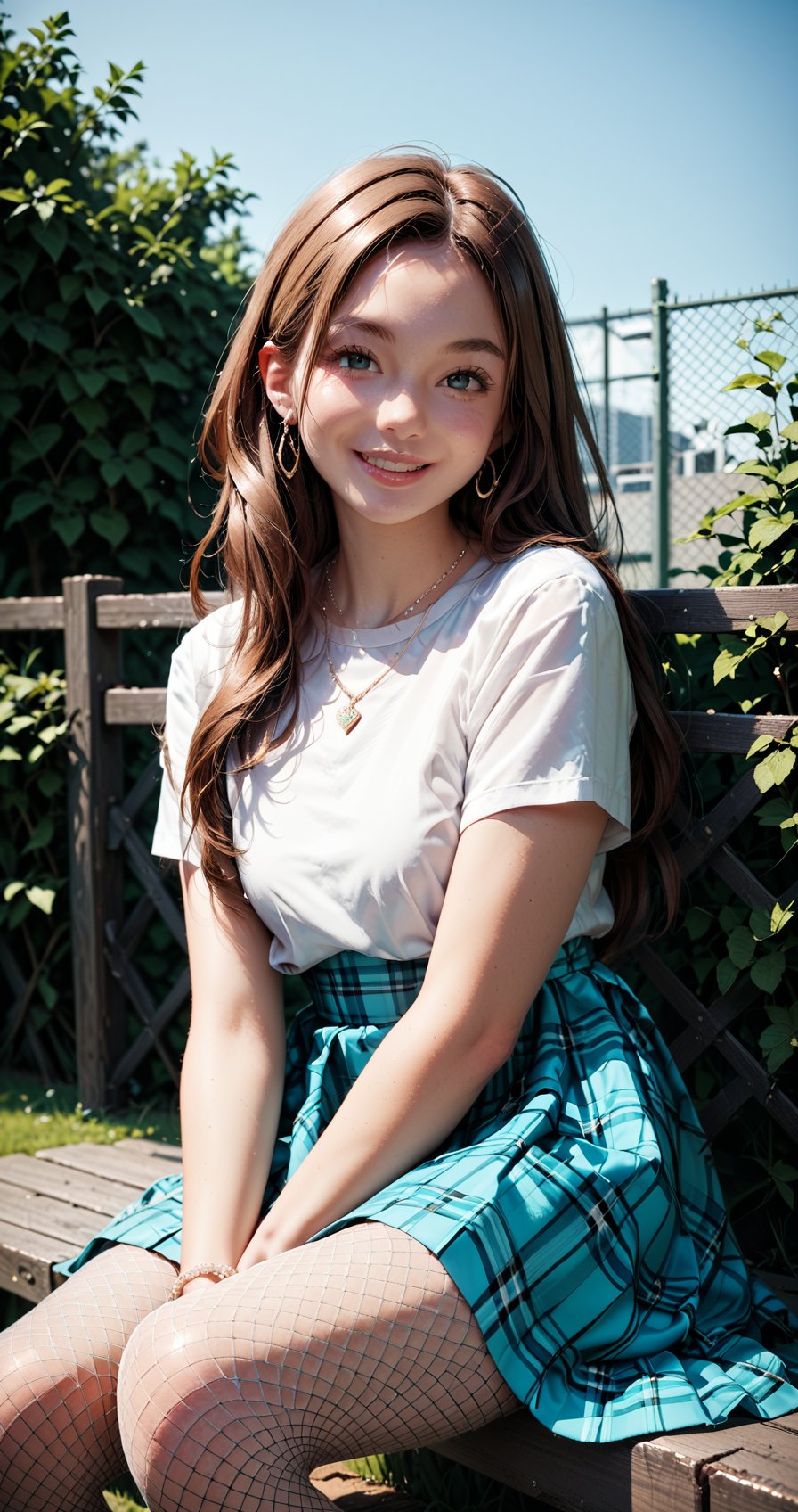 Score_9, score_8_up, score_7_up, 1girl, solo, long hair, looking at viewer, smile, brown hair, shirt, dress, jewelry, sitting, white shirt, short sleeves, pantyhose, outdoors, parted lips, day, necklace, plaid, fishnets, fence, fishnet pantyhose, plaid dress