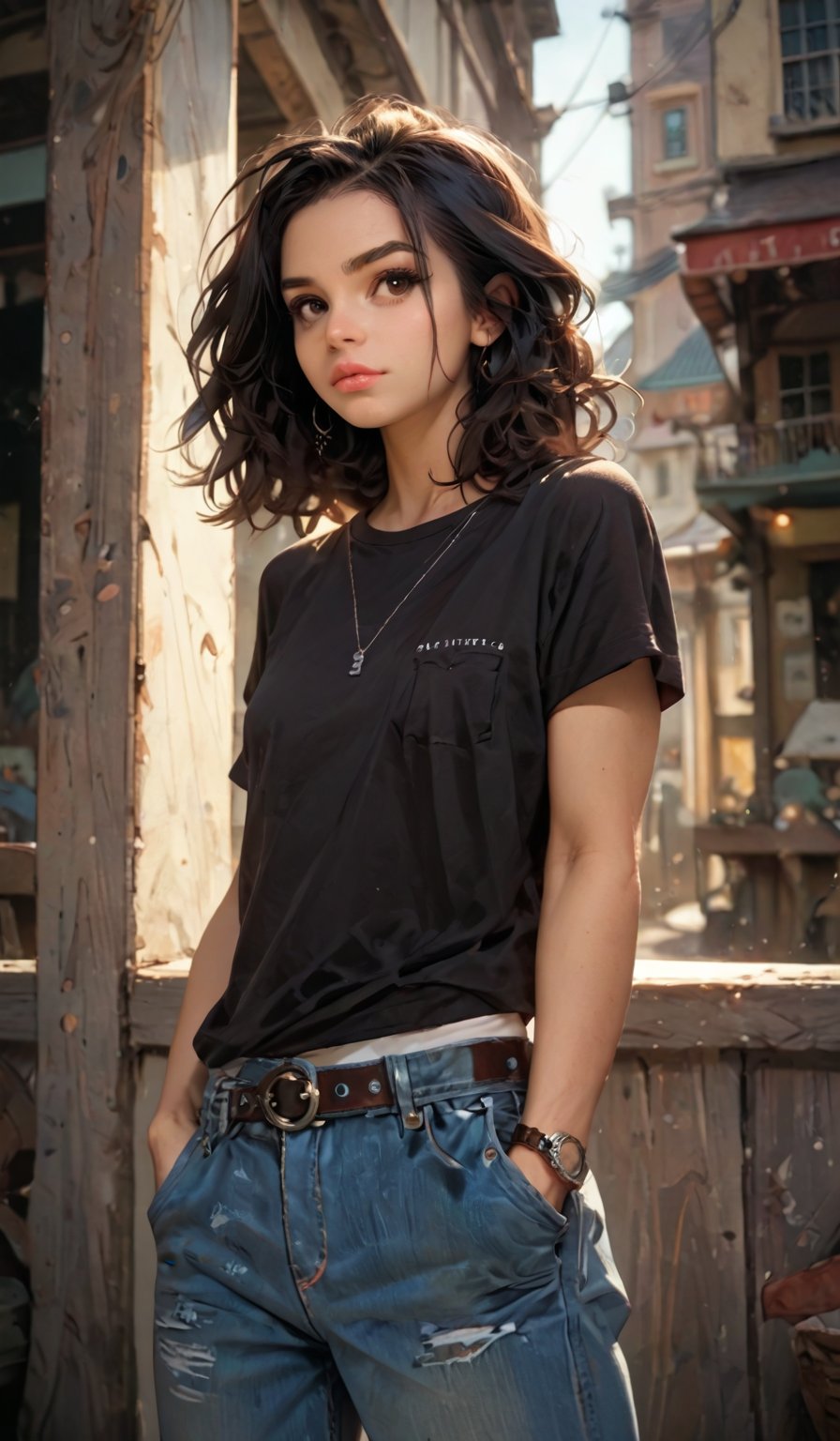 score_9, score_8_up, score_7_up,score_6_up, 16k, 1girl, solo, looking at viewer, shirt, black hair, brown eyes, jewelry, short sleeves, belt, pants, bracelet, black shirt, denim, t-shirt, watch, jeans, realistic, hands in pockets