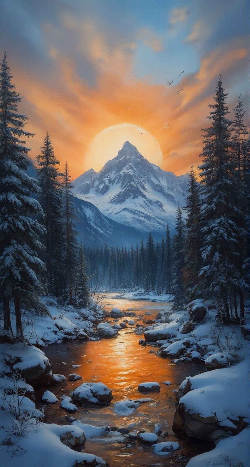 masterpiece, high quality, deep shadow, in the dark, oil painting style, sunset over a snow mountainous landscape, ((The sky glows pale orange and blue)), Forest and trees turn orange, Mountains and sky reflected on the surface of the lake,oil painting