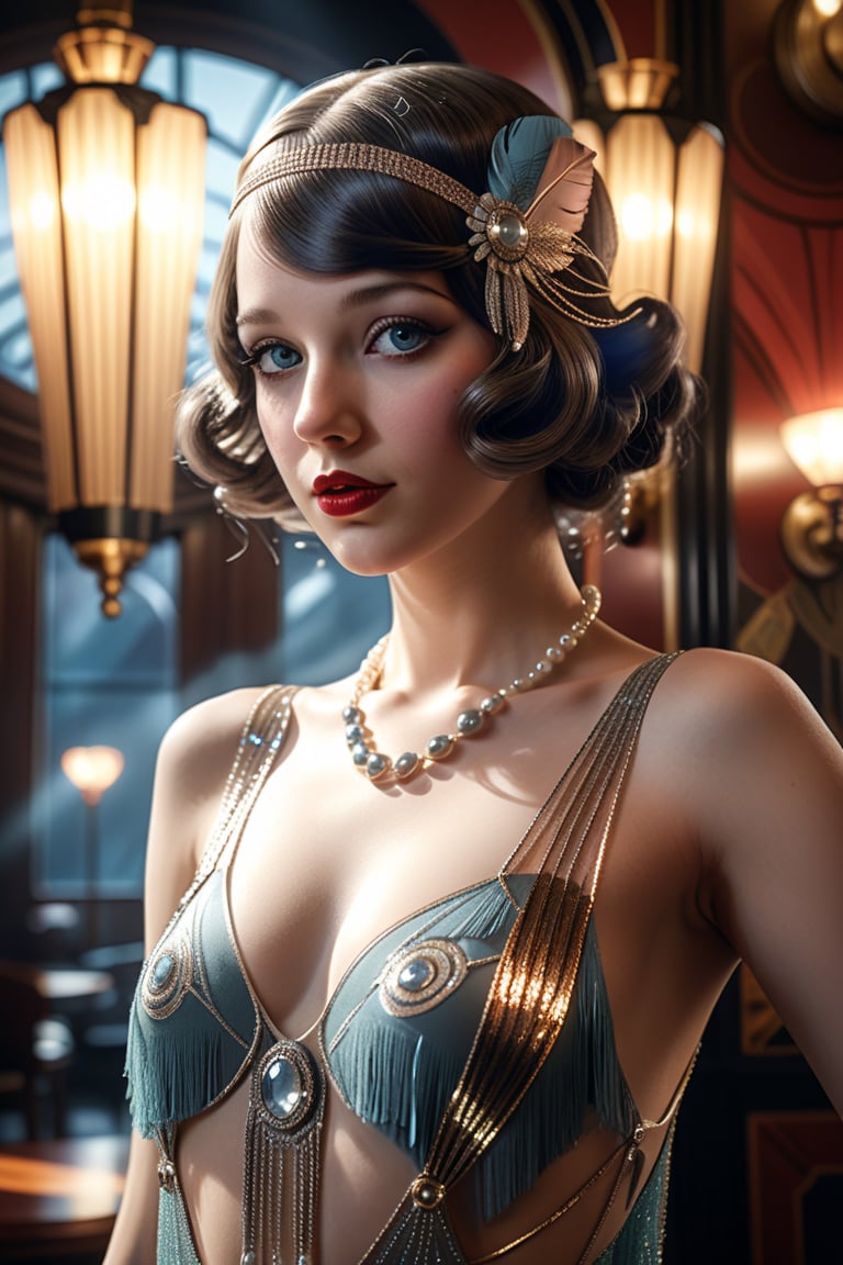 Photo realistic, mute colors, 20s style, flapper girl, art deco. cinematic lighting, smokey atmosphere, ethereal light, intricate details, extremely detailed, incredible details, full colored, complex details, hyper maximalist, gorgeous light and shadow, detailed decoration, detailed lines. masterpiece, best quality, HDR, UHD, unreal engine. looking at the camera, fair skin, beautiful face, beautiful eyes, perfect eyes, beautiful nose, full_body,