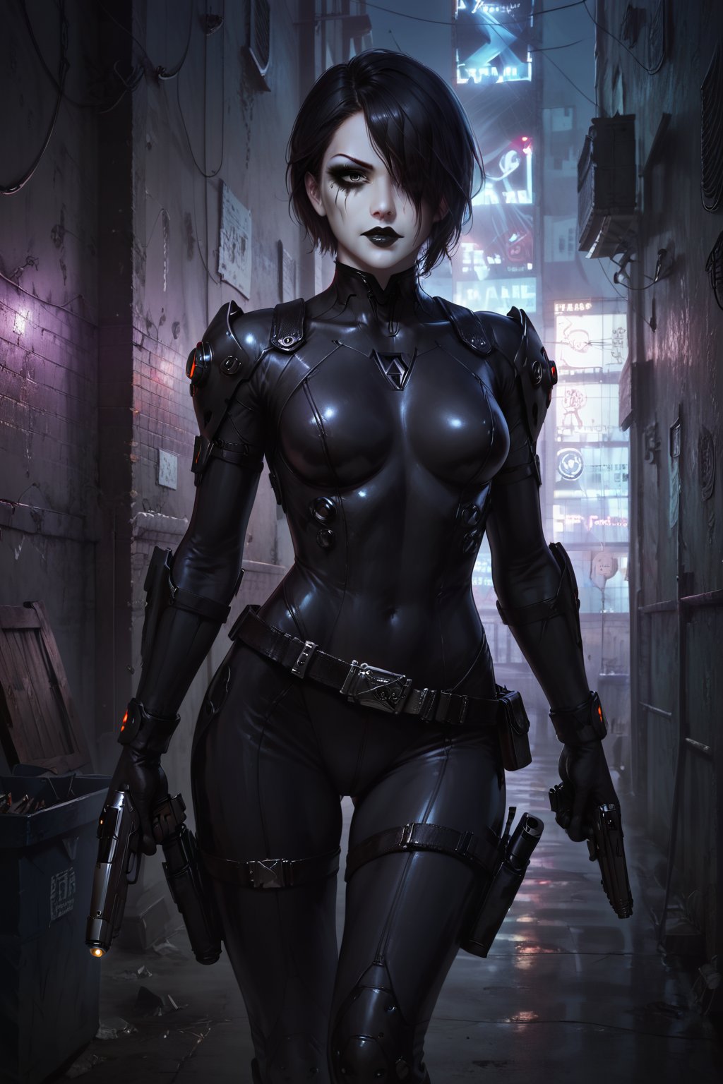 Score_9, score_8_up, score_7_up,Expressiveh,concept art,dark theme,Extremely Realistic, realistic, masterpiece, 1girl, solo, black hair, gloves, weapon, belt, gun, bodysuit, black circle painted over one eye, pale white skin, handgun, black lipstick, (,ruanyi0724,neon lights,power lines,alley), (((heavy black eye makeup, black makeup on cheek))),  