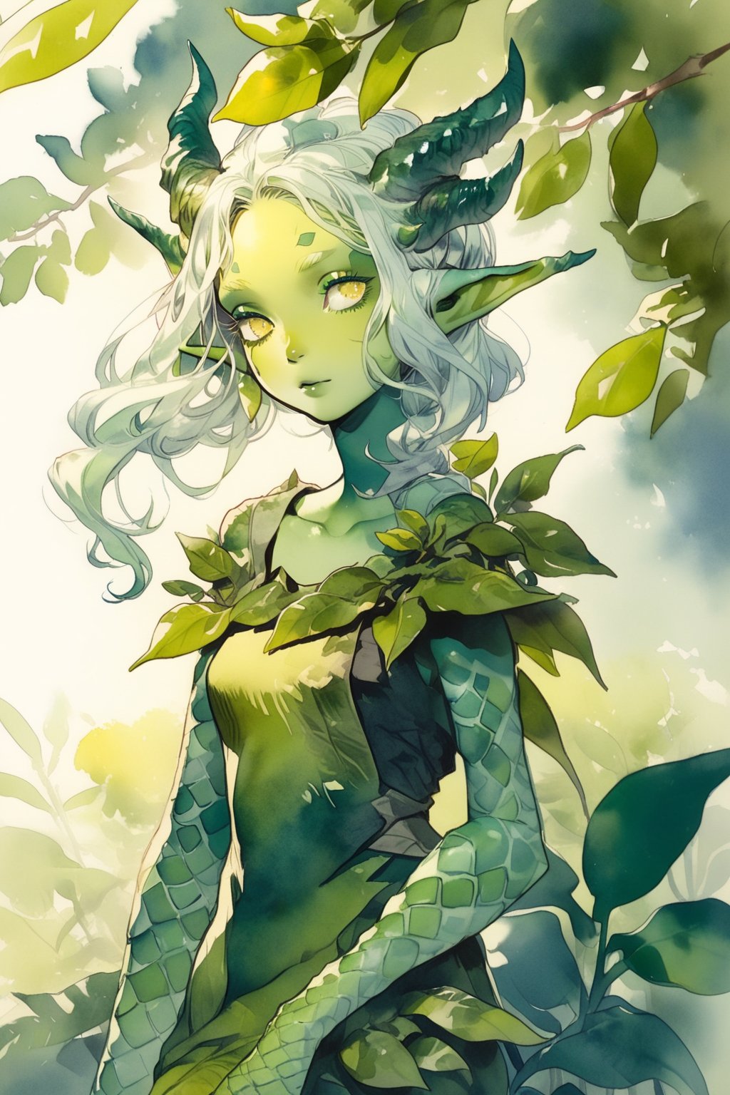 Score_9, score_8_up, score_7_up, SFW, realistic, masterpiece, 16k, 1girl, solo, grinning, long hair, leaf clothing, leaf dress, small breasts, green hair, collarbone, highly detailed eyes, yellow eyes, ((monster skin, colored skin, green skin, non-human skin tone)), dark green lipstick, pointed ears, elf ears, full body shot, parted lips, solo focus, lips, leaf, plant,plant girl, nature, monster girl, leaves blowing in the wind,watercolor \(medium\),pencil sketch