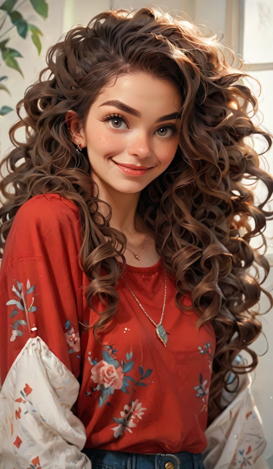 score_9, score_8_up, score_7_up,score_6_up, 16k,1girl, solo, long hair, looking at viewer, smile, brown hair, shirt, jewelry, upper body, necklace, lips, wavy hair, red shirt, curly hair, realistic