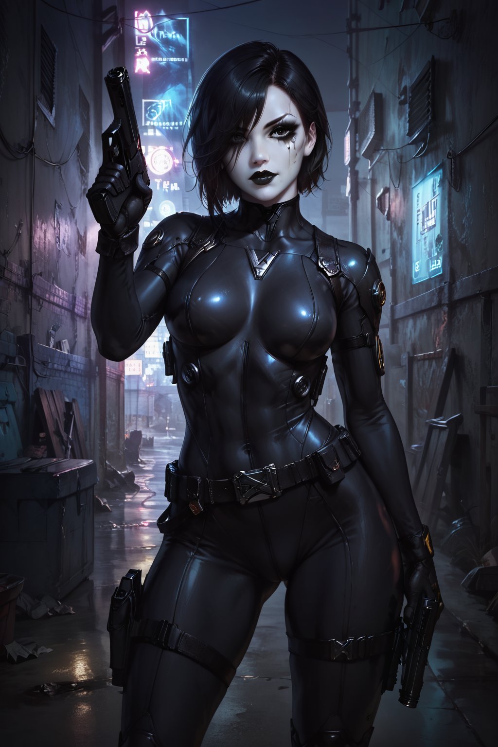 Score_9, score_8_up, score_7_up,Expressiveh,concept art,dark theme,Extremely Realistic, realistic, masterpiece, 1girl, solo, black hair, gloves, weapon, belt, gun, bodysuit, black circle painted over one eye, pale white skin, handgun, black lipstick, (,ruanyi0724,neon lights,power lines,alley), (((heavy black eye makeup, black makeup on cheek))), aiming guns at viewer, 