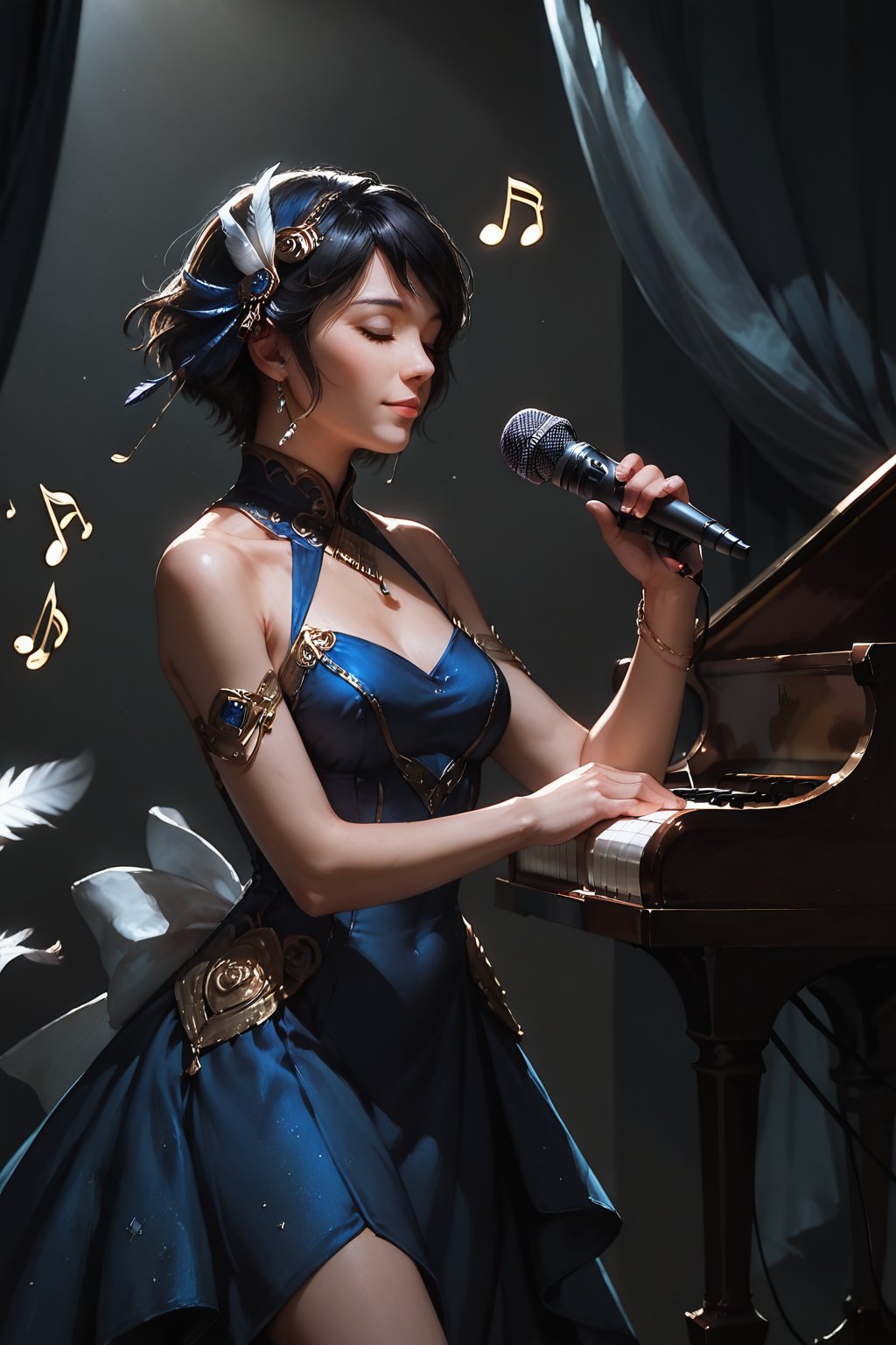 Score_9, score_8_up, score_7_up,Expressiveh,concept art,dark theme,Extremely Realistic, realistic, masterpiece, 1girl, solo, short hair, black hair, hair ornament, dress, bare shoulders, closed eyes, feathers, curtains, musical note, microphone, eighth note, music, singing, microphone stand,watercolor \(medium\)