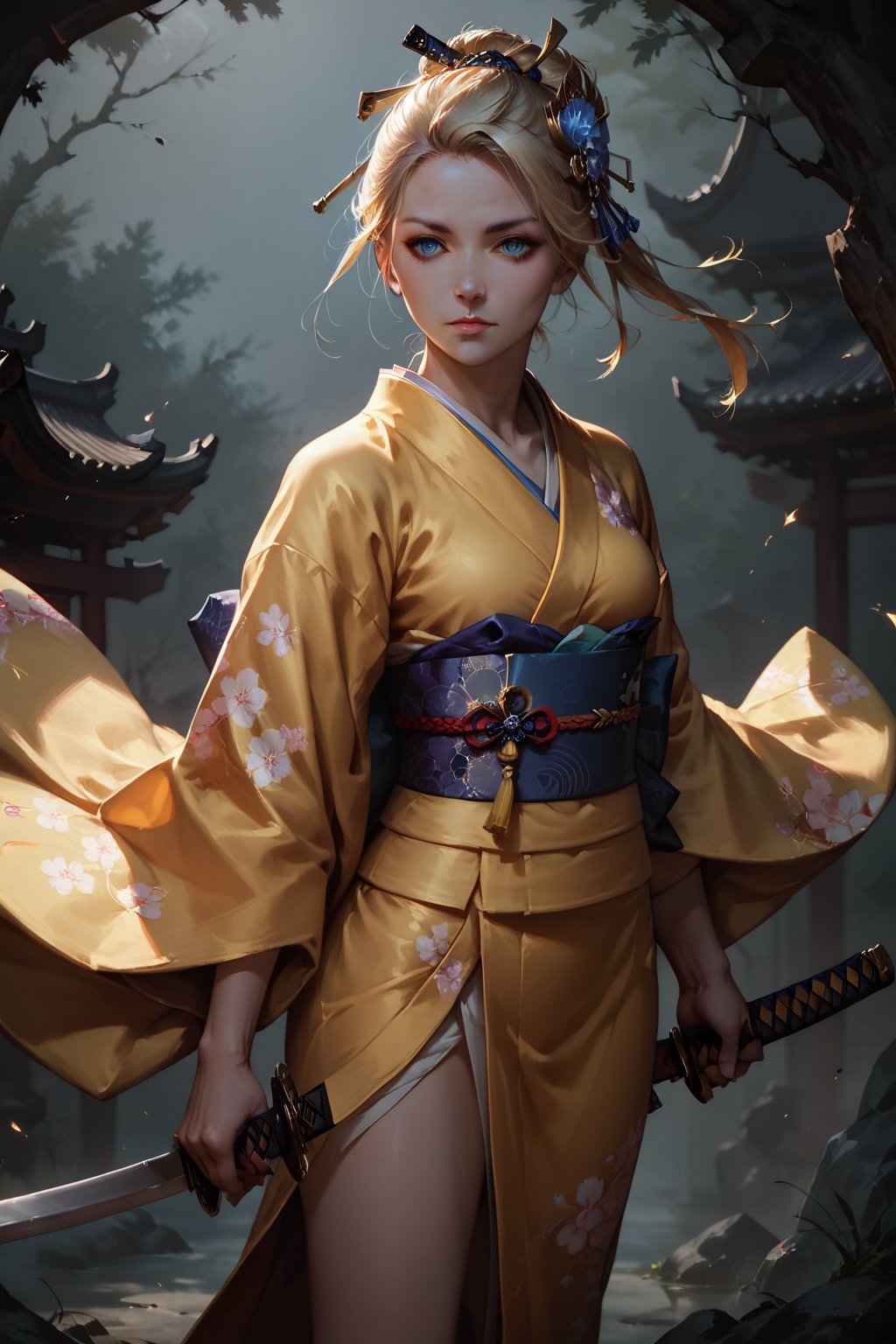 score_9, score_8_up, score_7_up, dark theme, concept art, Expressiveh, Extremely Realistic, 1girl, solo, blue eyes, blonde hair, hair ornament, weapon, japanese clothes, sword, kimono, katana, sheath, realistic, unsheathing, yellow kimono,