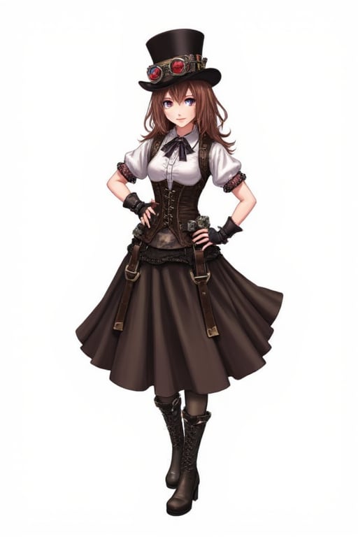 1girl, solo, looking at viewer, skirt, simple background, brown hair, gloves, hat, white background, standing, full body, short sleeves, boots, fingerless gloves, high heels, hand on hip, goggles, goggles on head, top hat, leather, goggles on headwear, steampunk,Midjourney_Whisper