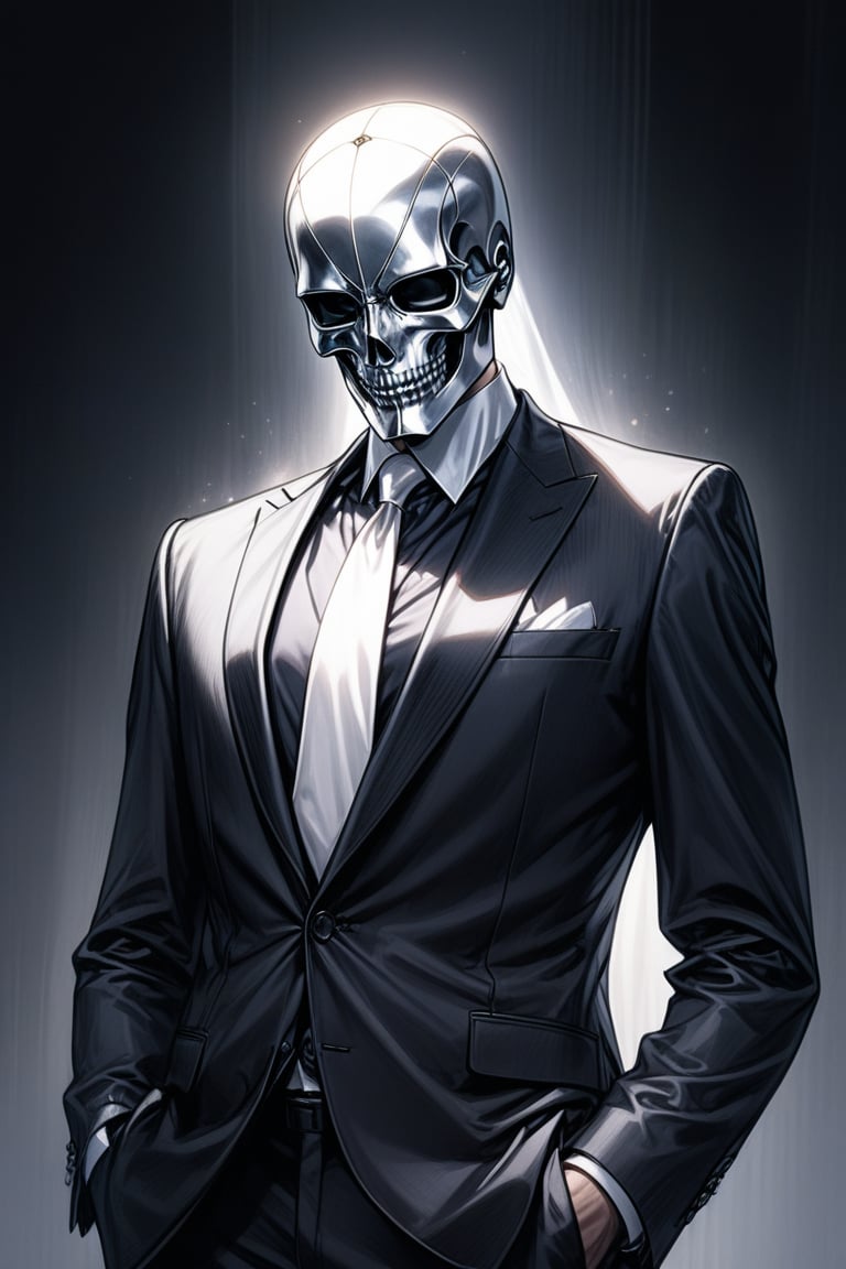 Mid-shot of a man dressed in a sleek black suit, adorned with a crisp white tie and neckpiece, standing confidently amidst a dimly lit, dark-colored background. His face is obscured by a striking silver metallic skull mask, adding an air of mystery to his demeanor.