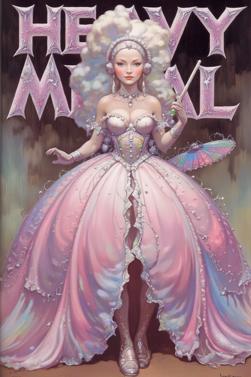 Generate a cover for the magazine "Heavy Metal featuring 1girl,Nordic girl in Neo-Rococo cyberpunk Lolita fashion. Extravagant pastel-colored dress with oversized, ruffled skirt. Elaborate lace patterns interwoven with glowing fiber optics. Puffy sleeves with holographic accents. Corset-style bodice featuring miniature LED displays and touch-sensitive panels. Hair in high, complex updo with cybernetic accessories and neon streaks. Pale skin with subtle, iridescent makeup. Chunky platform shoes with built-in screens. Ornate handheld fan doubling as a holographic projector. Delicate cybernetic implants visible at temples and wrists. Background hints at futuristic baroque-inspired setting,MasterF,sagawa,FuturEvoLab-lora-mecha,goth person, ct-nijireal, (Use the correct font and design for the text "Heavy Metal" as the world famous magazine:1.4)