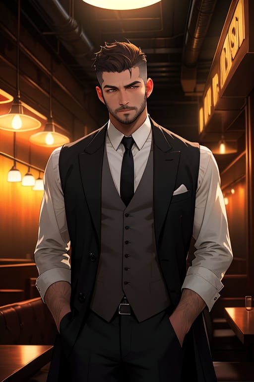 SFW, sole_male, mid 20's, 

(dark hair, classic side part with medium fade), average build, average height, (masculine, face, handsome face, slight stubble), detailed face, neutral expression, 

{(grey trenchcoat), (black vest), (white dress shirt), (black tie), (dress pants)}, 

Standing, facing_viewer, (1940's asthetic, speakeasy, nightclub, dimly lit), 

1dk, portrait, score_9, score_8_up, score_7_up, 8k, (very detailed), high detailed texture, depth of field, sharp foucs, 

Neo Noir asthetic, Low-key lighting Style, soft lighting,

