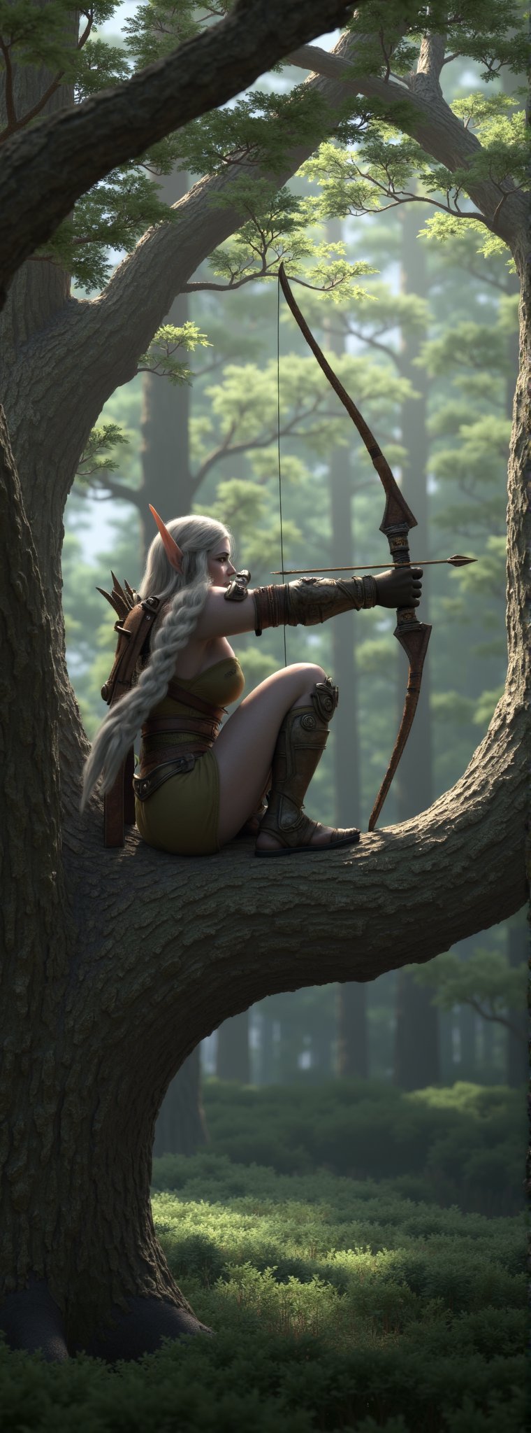 Elven Ranger's Stealthy Vigilance: A treetop perch, branches slender and strong, cradles a female elven ranger in mid-strike. She crouches low, bow drawn tight, arrow poised at the human poachers' unsuspecting backs. The forest canopy above shrouds her in dappled shadows, while the underbrush below remains still, awaiting the silent discharge of her deadly aim. (wrcrftcnmtc, Fantasy detailers, cinematic)