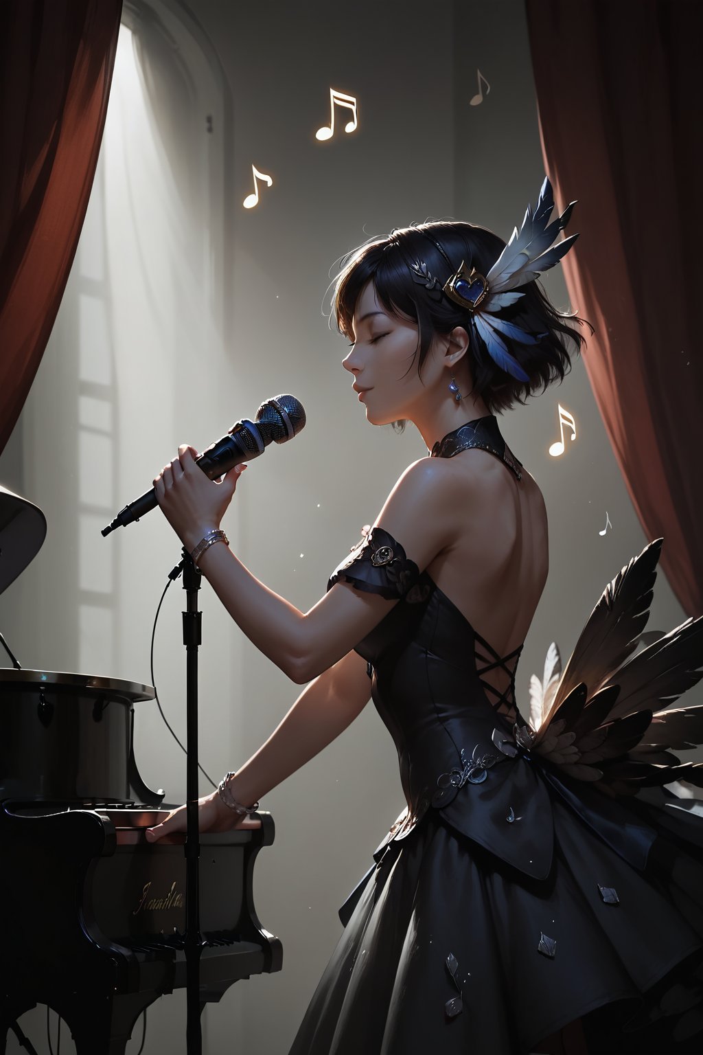 Score_9, score_8_up, score_7_up,Expressiveh,concept art,dark theme,Extremely Realistic, realistic, masterpiece, 1girl, solo, short hair, black hair, hair ornament, dress, bare shoulders, closed eyes, feathers, curtains, musical note, microphone, eighth note, music, singing, microphone stand,DGQMGirl2XL