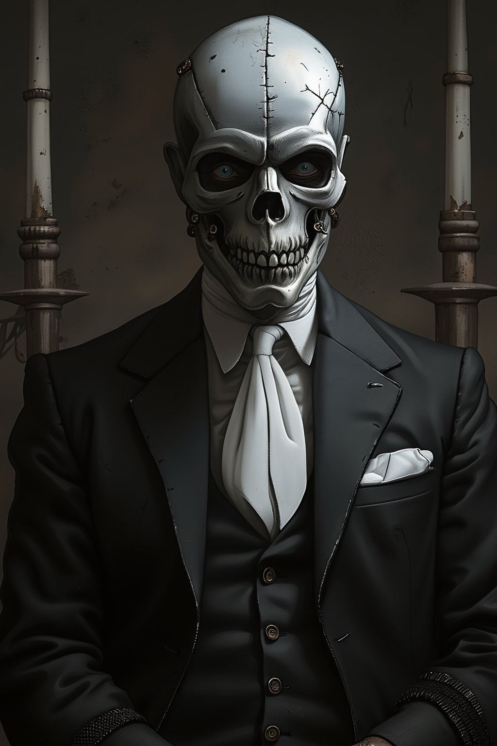 Score_9, score_8_up, score_7_up, man in a black suit with a white tie wearing a metallic skull mask.