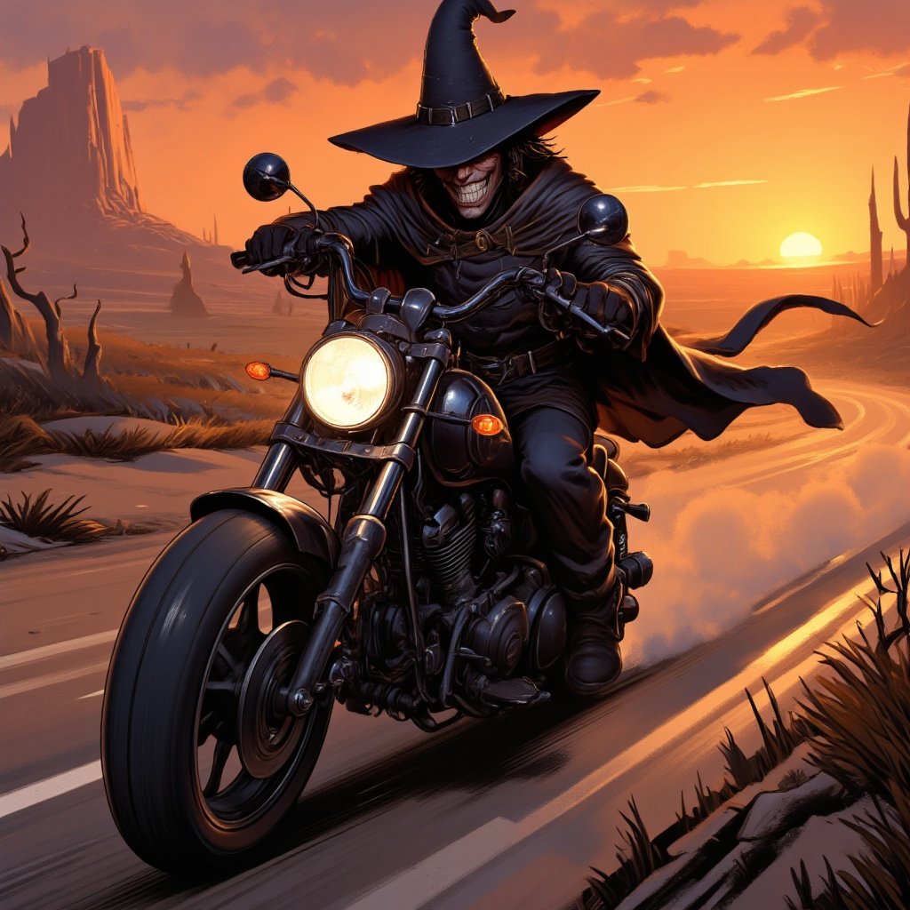 A close-up shot of a wizard's face, eyes gleaming with magical intensity as he rides a sleek black motorcycle down a winding desert highway at sunset. The warm orange glow of the setting sun casts long shadows across the sandy terrain. The wizard's robes flow behind him like a cape, his pointed hat held firmly in place by a leather strap. He's focused on the road ahead, wisps of smoke curling from the exhaust pipes as he navigates the twists and turns. DonM7w1573dW0nd3rl4ndFX,lyh