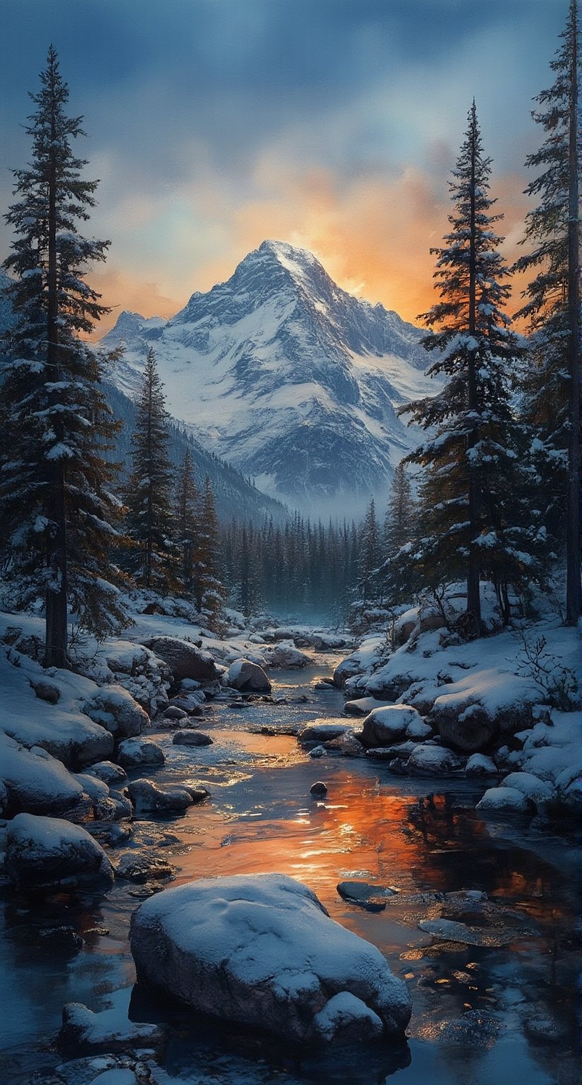 masterpiece, high quality, deep shadow, in the dark, oil painting style, sunset over a snow mountainous landscape, ((The sky glows pale orange and blue)), Forest and trees turn orange, Mountains and sky reflected on the surface of the lake,oil painting