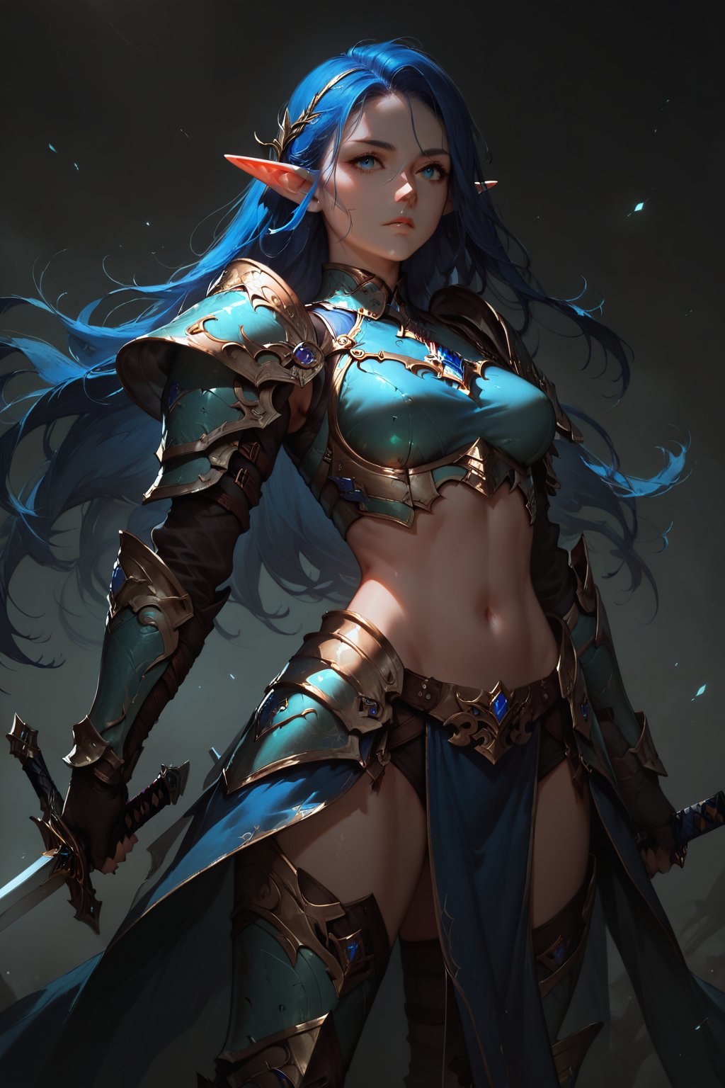 score_9, score_8_up, score_7_up, dark theme, concept art, Expressiveh, Extremely Realistic, 1girl, solo, long hair, navel, blue hair, weapon, pointy ears, midriff, sword, armor, elf