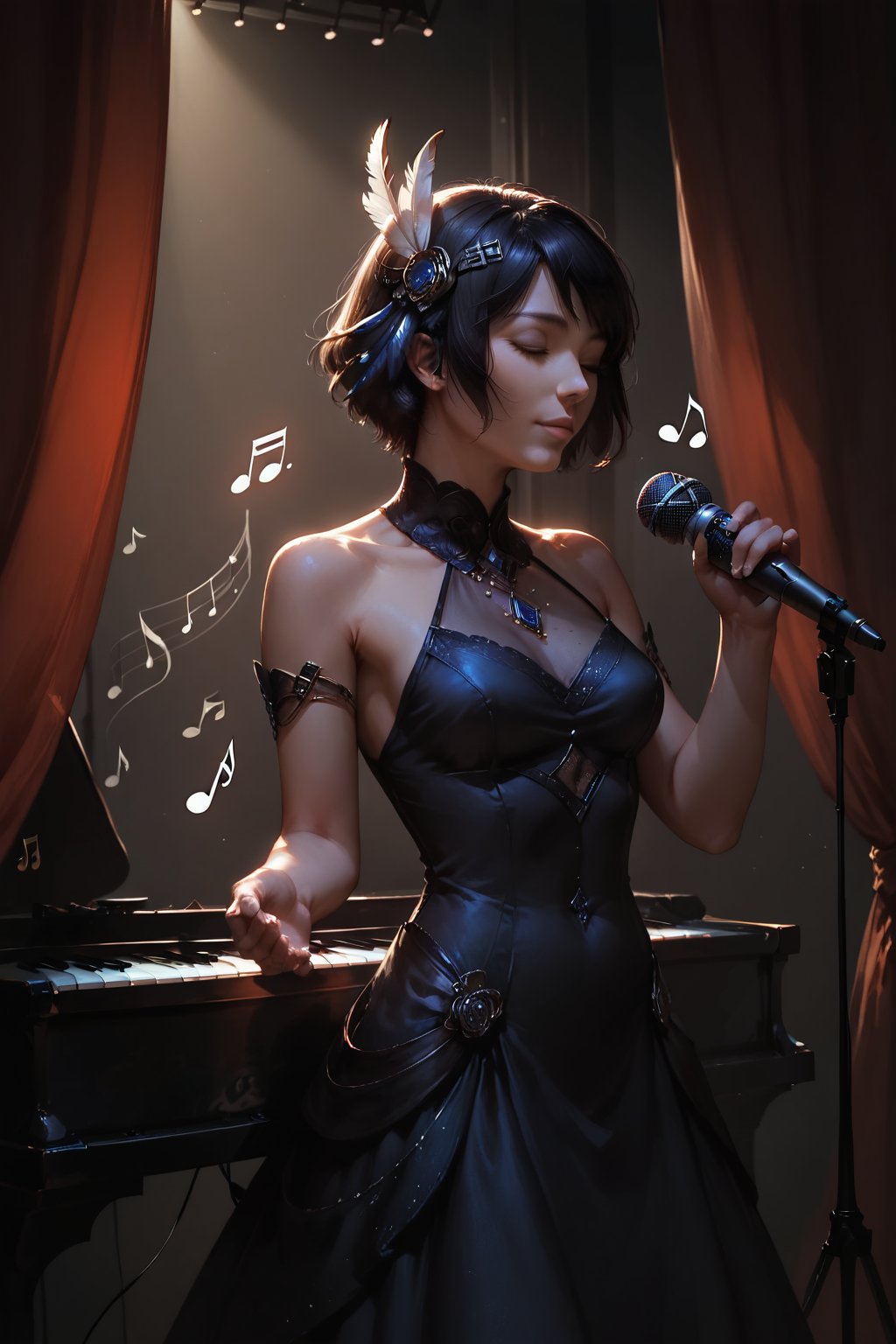 Score_9, score_8_up, score_7_up,Expressiveh,concept art,dark theme,Extremely Realistic, realistic, masterpiece, 1girl, solo, short hair, black hair, hair ornament, dress, bare shoulders, closed eyes, feathers, curtains, musical note, microphone, eighth note, music, singing, microphone stand