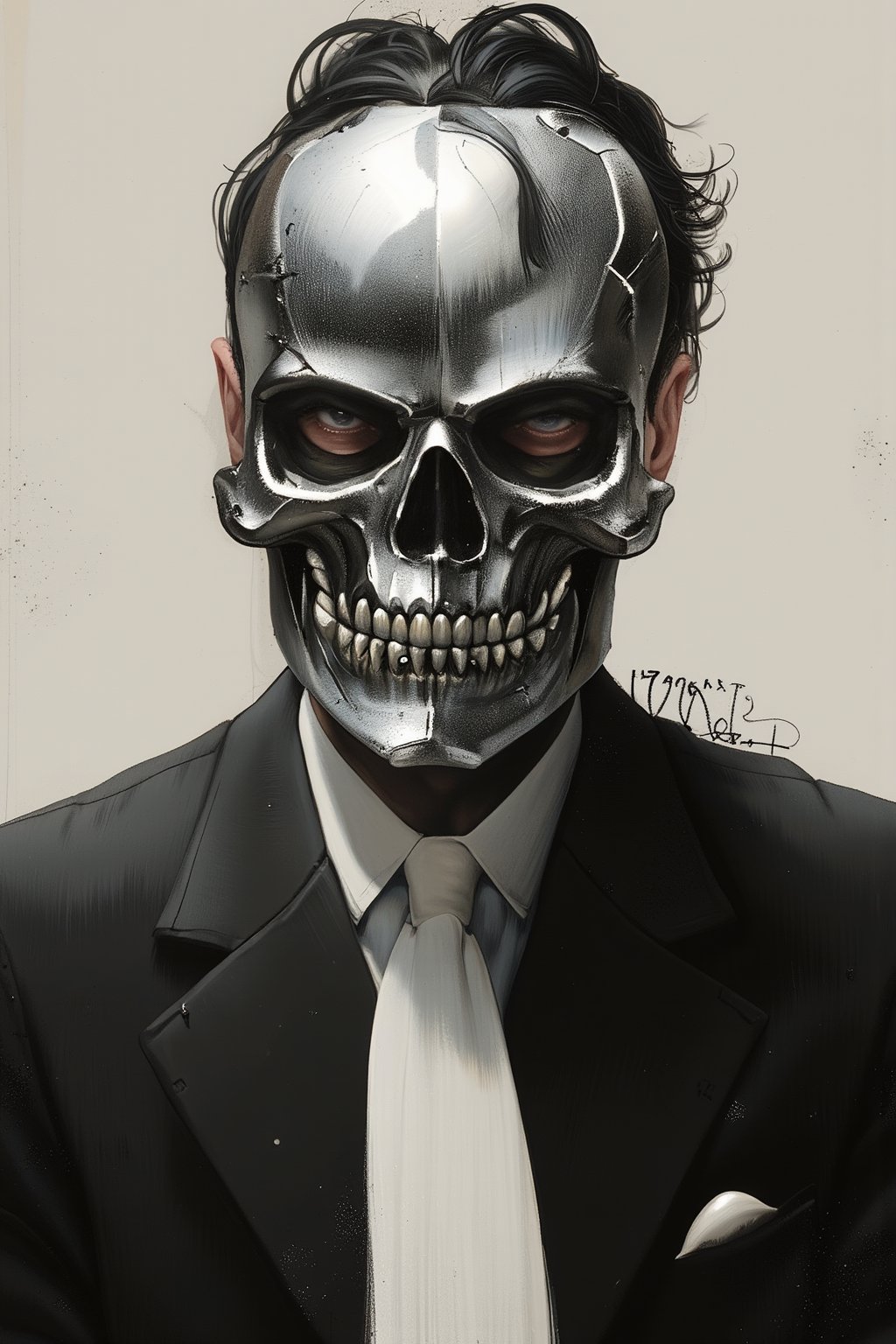 Score_9, score_8_up, score_7_up, man in a black suit with a white tie wearing a metallic skull mask. The mask only covers his face leaving his short black hair uncovered.