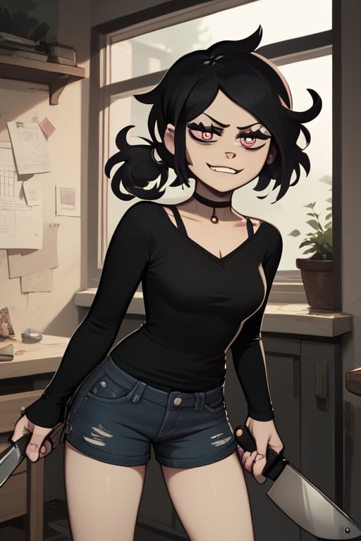 Score_9, score_8_up, score_7_up, masterpiece, 16k, ashley graves,
BREAK
black hair, black shirt, denim shorts, mischevious smile, 
BREAK
Indoors, cluttered apartment,
BREAK
Holding knife, 