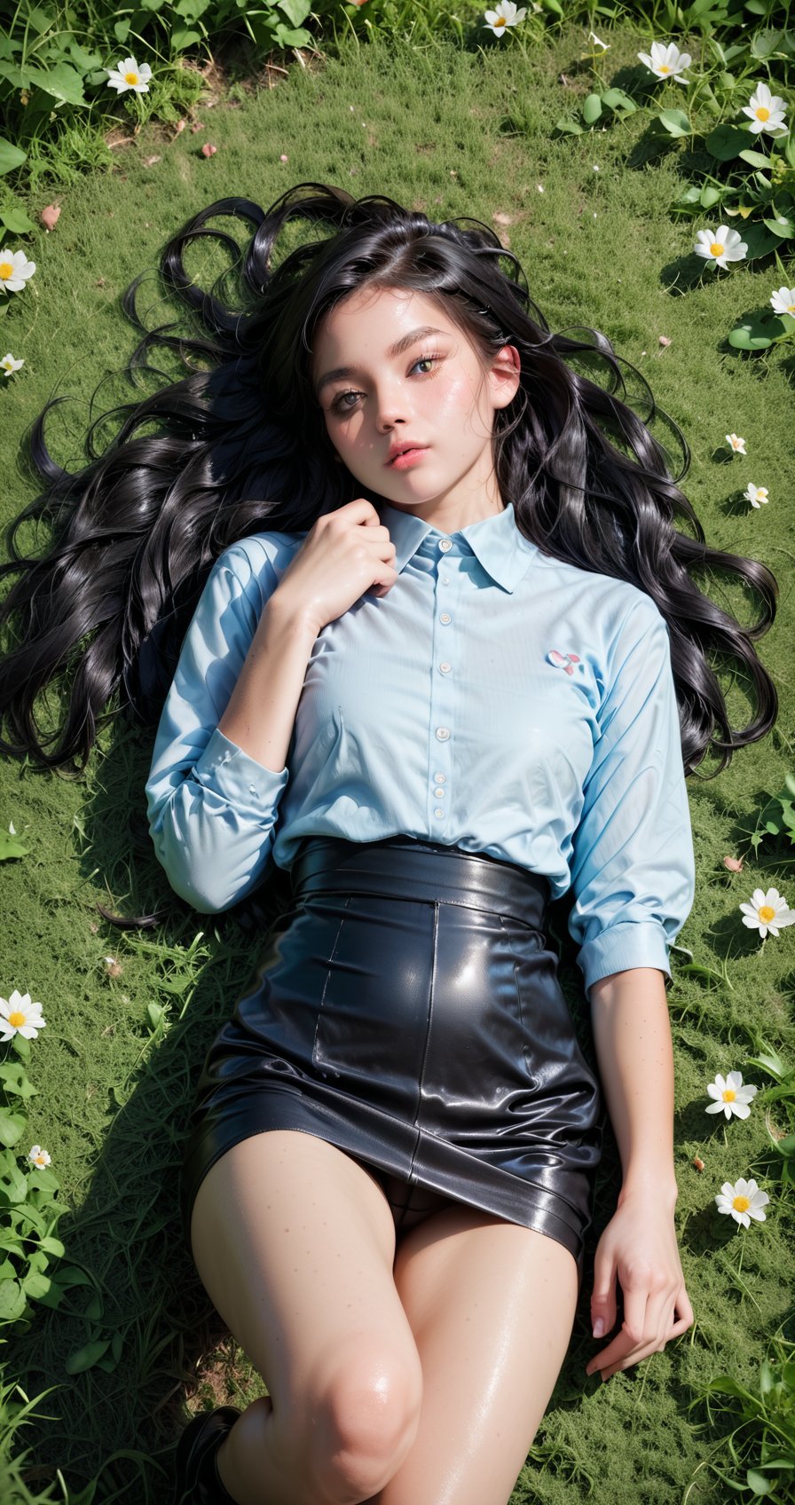 Score_9, score_8_up, score_7_up, 1girl, solo, long hair, black hair, pantyhose, lying, on back, grass, realistic