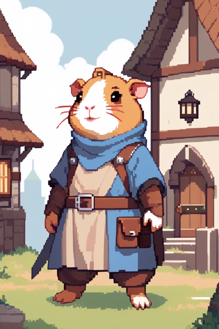 A anthropomorphic guinea pig wearing medieval style clothing standing in front of his medieval style home.,pixel art