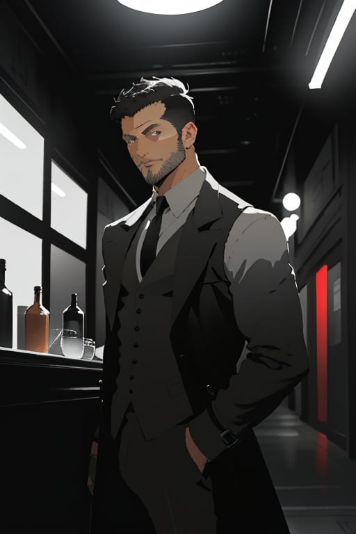 SFW, sole_male, mid 20's, line art, black and white, flat color, 

(dark hair, classic side part with medium fade), average build, average height, (masculine, face, handsome face, slight stubble), detailed face, neutral expression, 

{(grey trenchcoat), (black vest), (white dress shirt), (black tie), (dress pants)}, 

Standing, facing_viewer, (1940's asthetic, speakeasy, nightclub, dimly lit), 

1dk, portrait, score_9, score_8_up, score_7_up, 8k, (very detailed), high detailed texture, depth of field, sharp foucs, 

Neo Noir asthetic, Low-key lighting Style, soft lighting,

