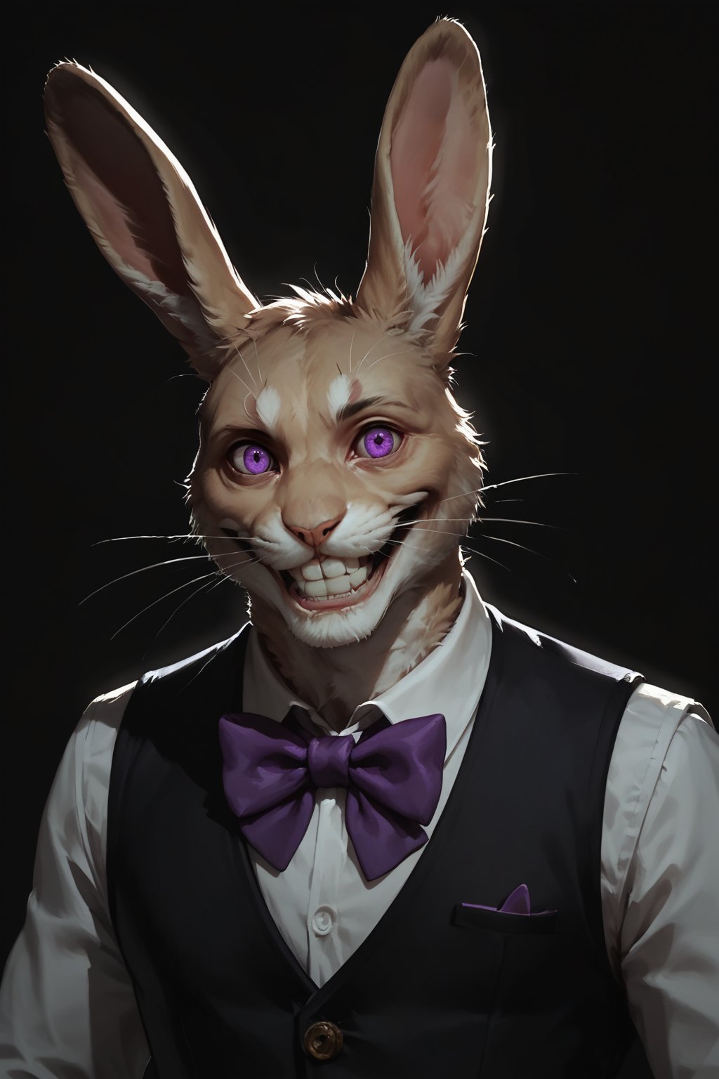 Score_9, score_8_up, score_7_up,Expressiveh,concept art,dark theme,Extremely Realistic, realistic, masterpiece, 16k, solo, looking at viewer, smile, simple background, animal ears, purple eyes, upper body, male focus, teeth, bowtie, rabbit ears, grin, vest, no humans, black background, tan fur, furry, purple bow, rabbit, purple bowtie, whiskers, horror \(theme\)