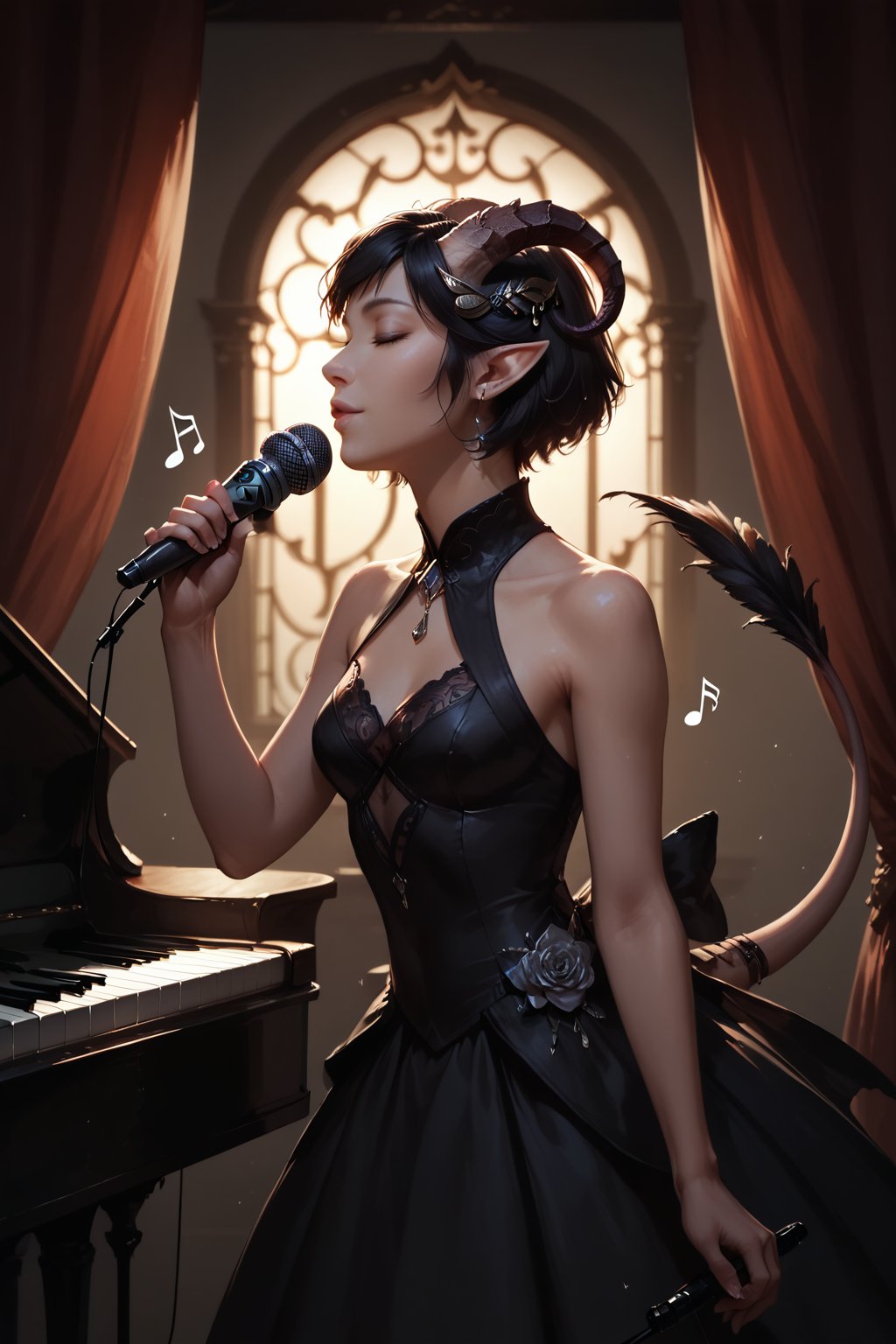 Score_9, score_8_up, score_7_up,Expressiveh,concept art,dark theme,Extremely Realistic, realistic, masterpiece, 1girl, solo, short hair, black hair, hair ornament, dress, bare shoulders, closed eyes, feathers, curtains, musical note, microphone, eighth note, music, singing, microphone stand, (,Tiefling, pointed ears, horns, colored skin,tail