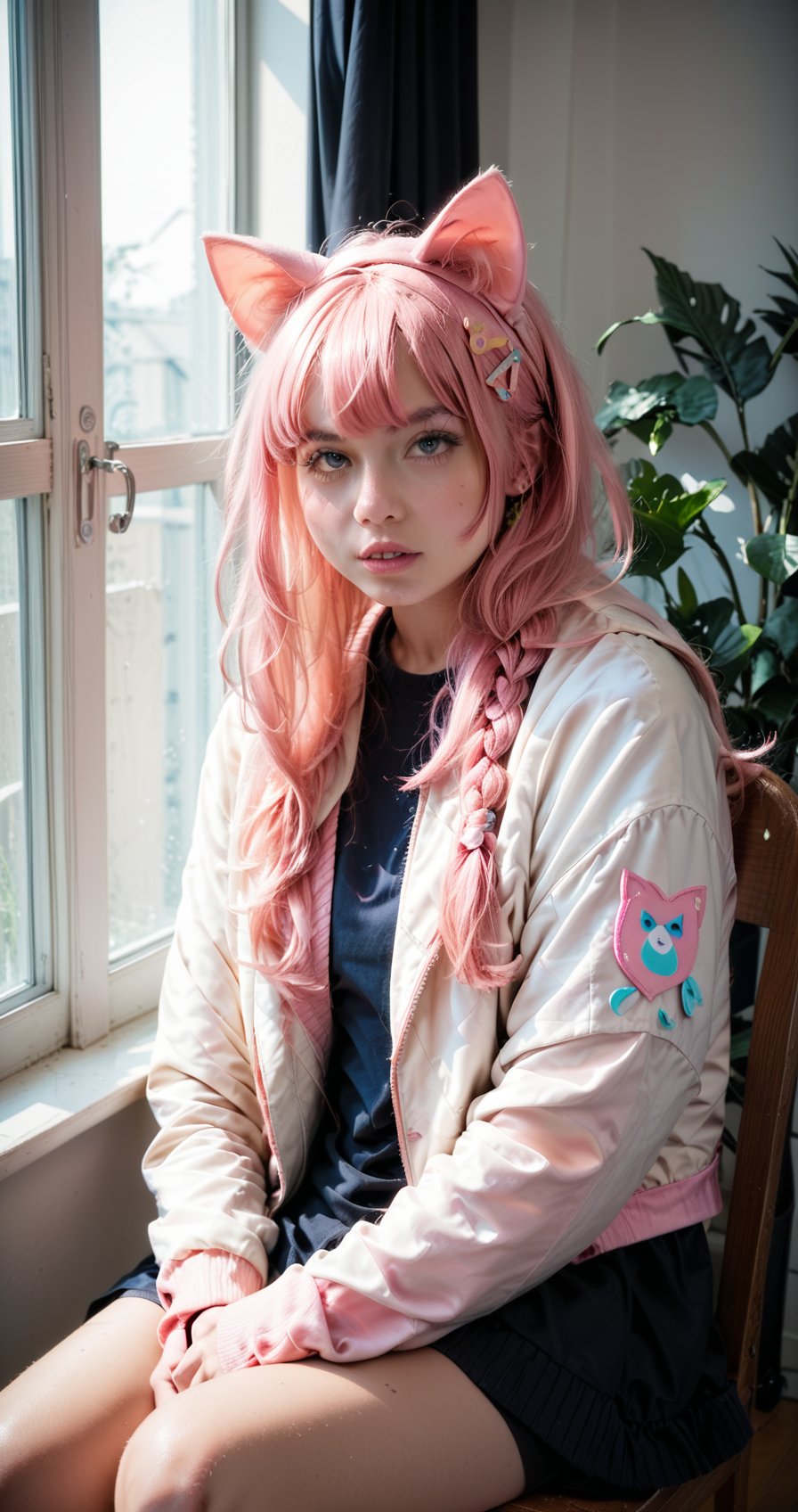 Score_9, score_8_up, score_7_up, 1girl, solo, long hair, looking at viewer, animal ears, sitting, jacket, pink hair, braid, parted lips, socks, indoors, cat ears, cosplay, window, chair, realistic, photo inset