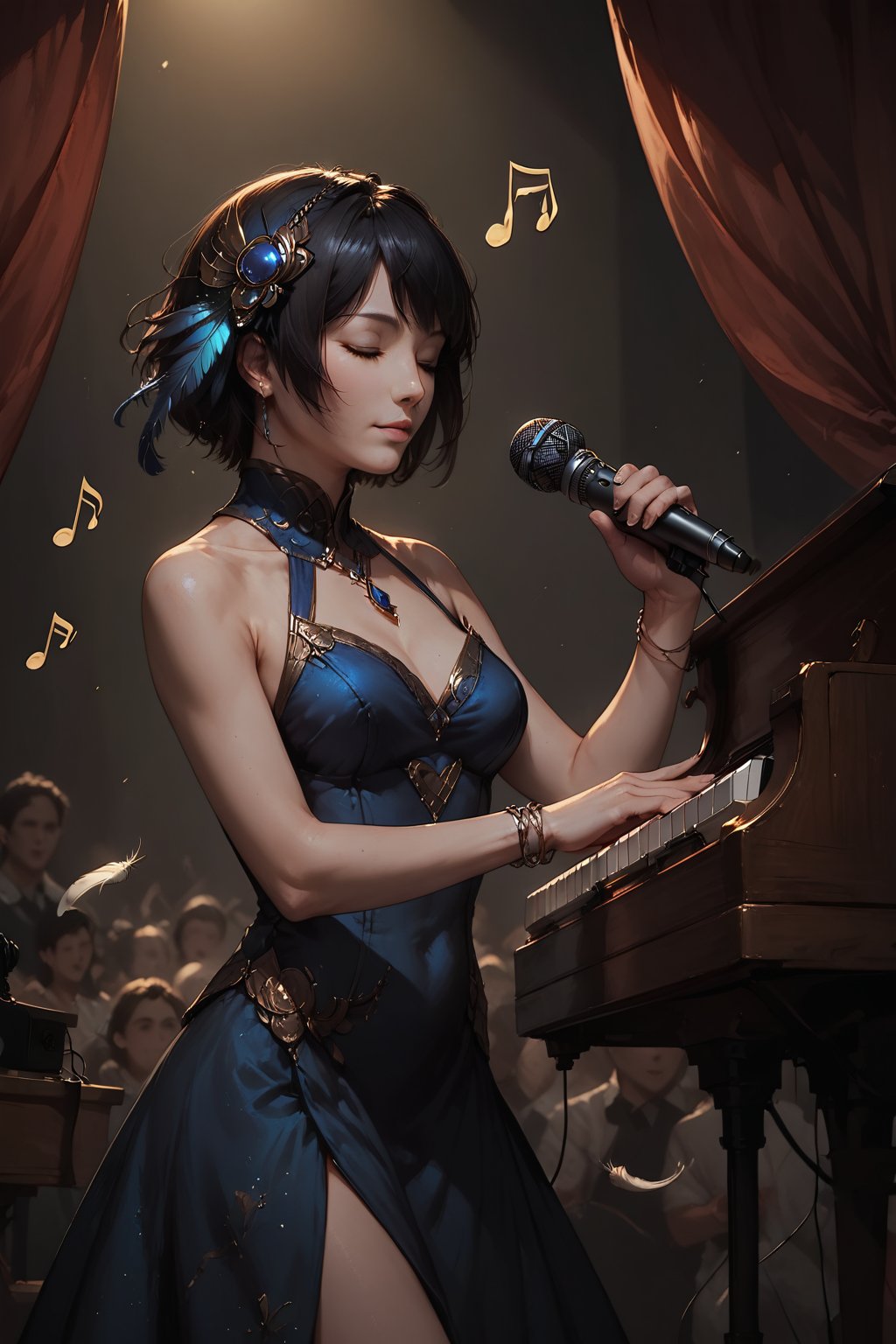 Score_9, score_8_up, score_7_up,Expressiveh,concept art,dark theme,Extremely Realistic, realistic, masterpiece, 1girl, solo, short hair, black hair, hair ornament, dress, bare shoulders, closed eyes, feathers, curtains, musical note, microphone, eighth note, music, singing, microphone stand,Comic Book-Style 2d