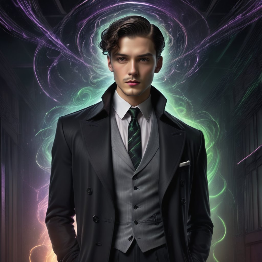 1man, 25 years old, dark hair, ((short hair)) (classic side part, medium fade)), hazel eyes, grey trenchcoat, black suit vest, white shirt, black neck tie, black dress pants, slight stubble, 
purple and green energy swirls through the scene like smoke,

standing in a 1920’s style speakeasy, classic art deco aesthetic mixed with modern neo noir elements, 